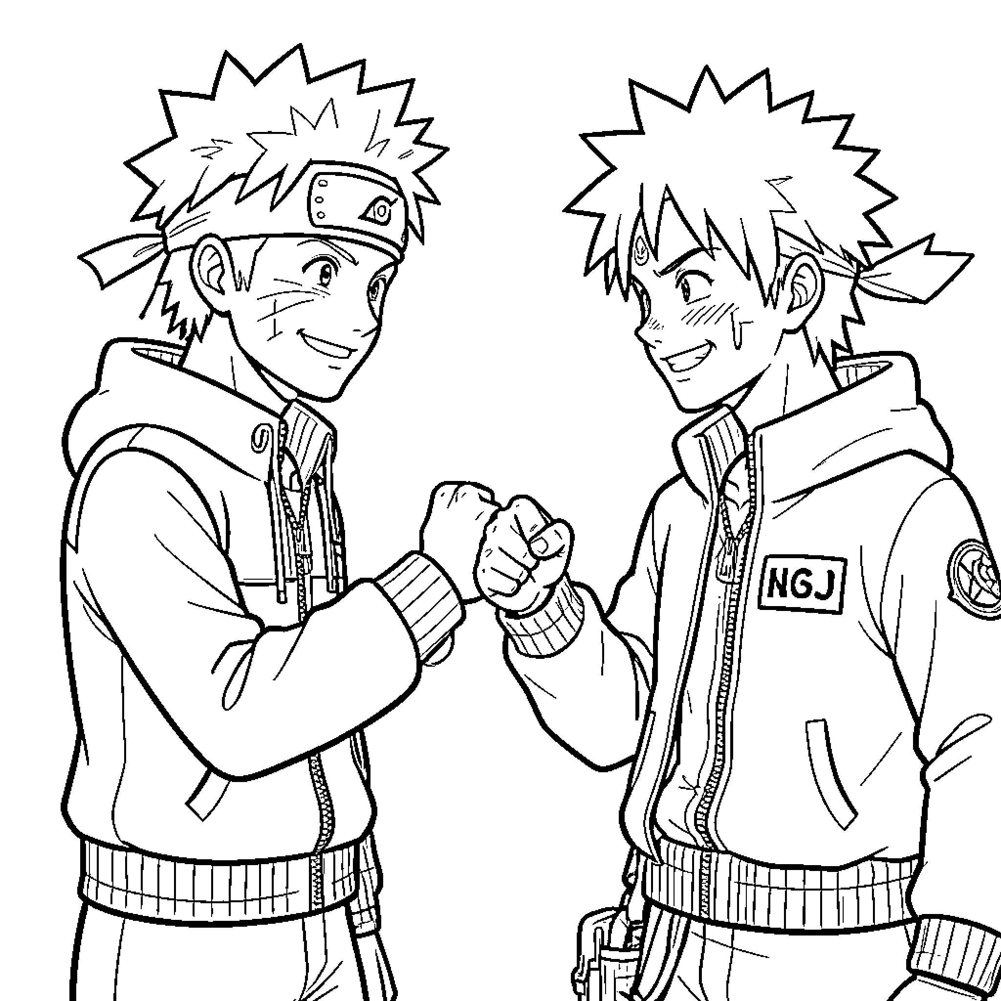 Naruto sharing a fist bump with a friend Coloring Page (free black-and-white line drawing printable PDF for all, from beginners to advanced learners, including children, teens, adults, and seniors)