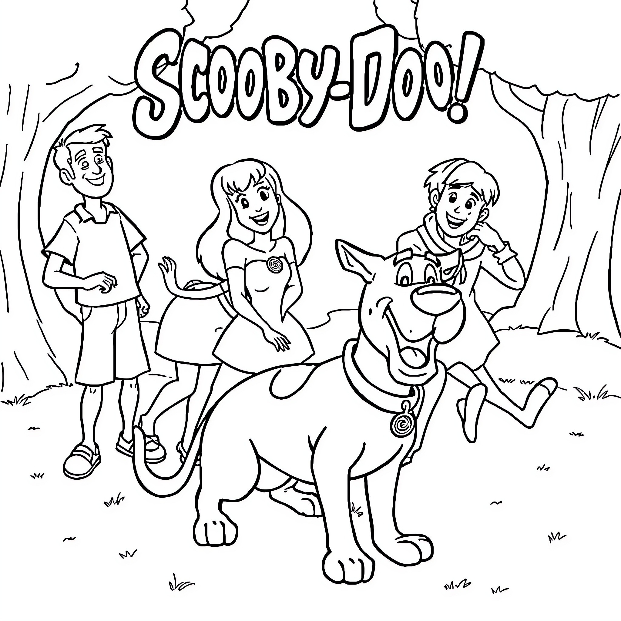 Scooby-Doo and friends exploring in the forest Coloring Page (free black-and-white line drawing printable PDF for all, from beginners to advanced learners, including children, teens, adults, and seniors)