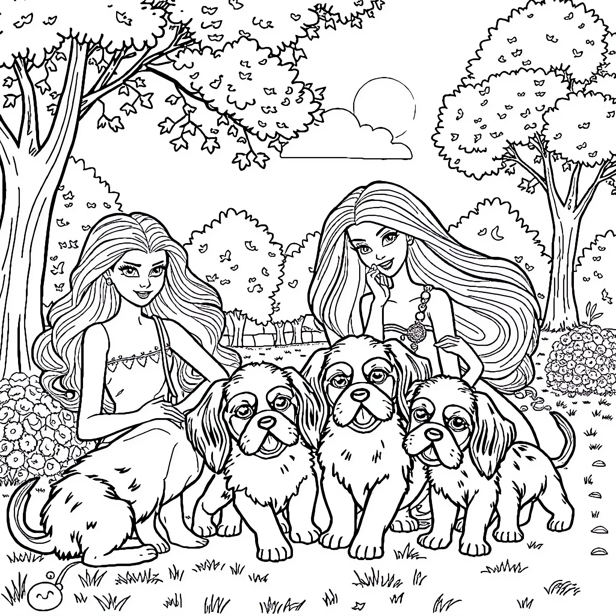 Barbie enjoying nature with her adorable puppies Coloring Page (free black-and-white line drawing printable PDF for all, from beginners to advanced learners, including children, teens, adults, and seniors)