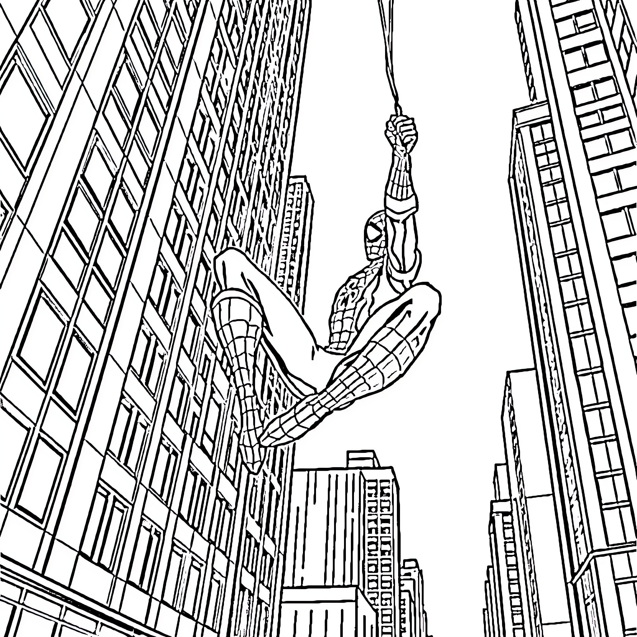 Spiderman swinging through the city skyline Coloring Page (free black-and-white line drawing printable PDF for all, from beginners to advanced learners, including children, teens, adults, and seniors)
