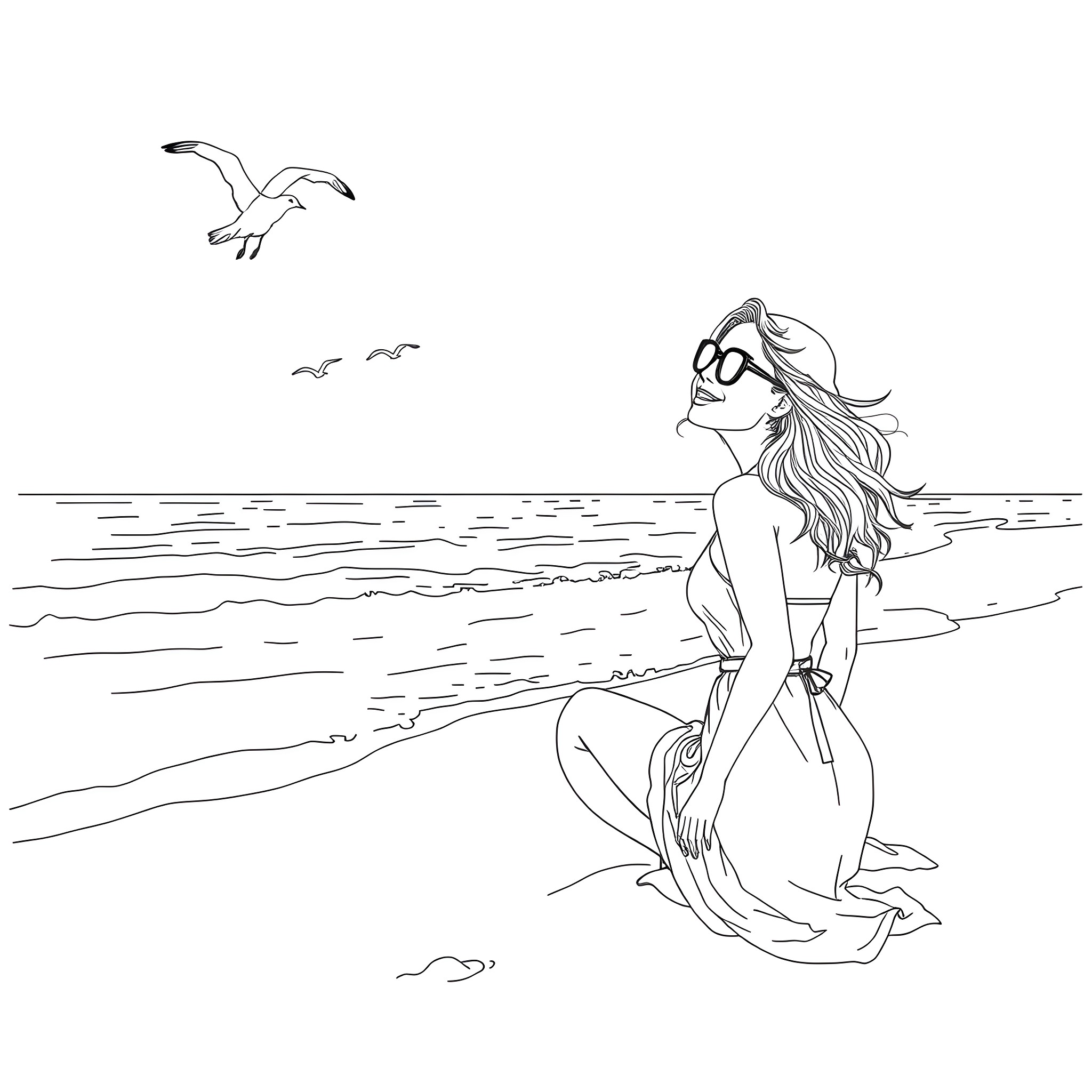 Woman gazing at seagulls by the beach Coloring Page (free black-and-white line drawing printable PDF for all, from beginners to advanced learners, including children, teens, adults, and seniors)