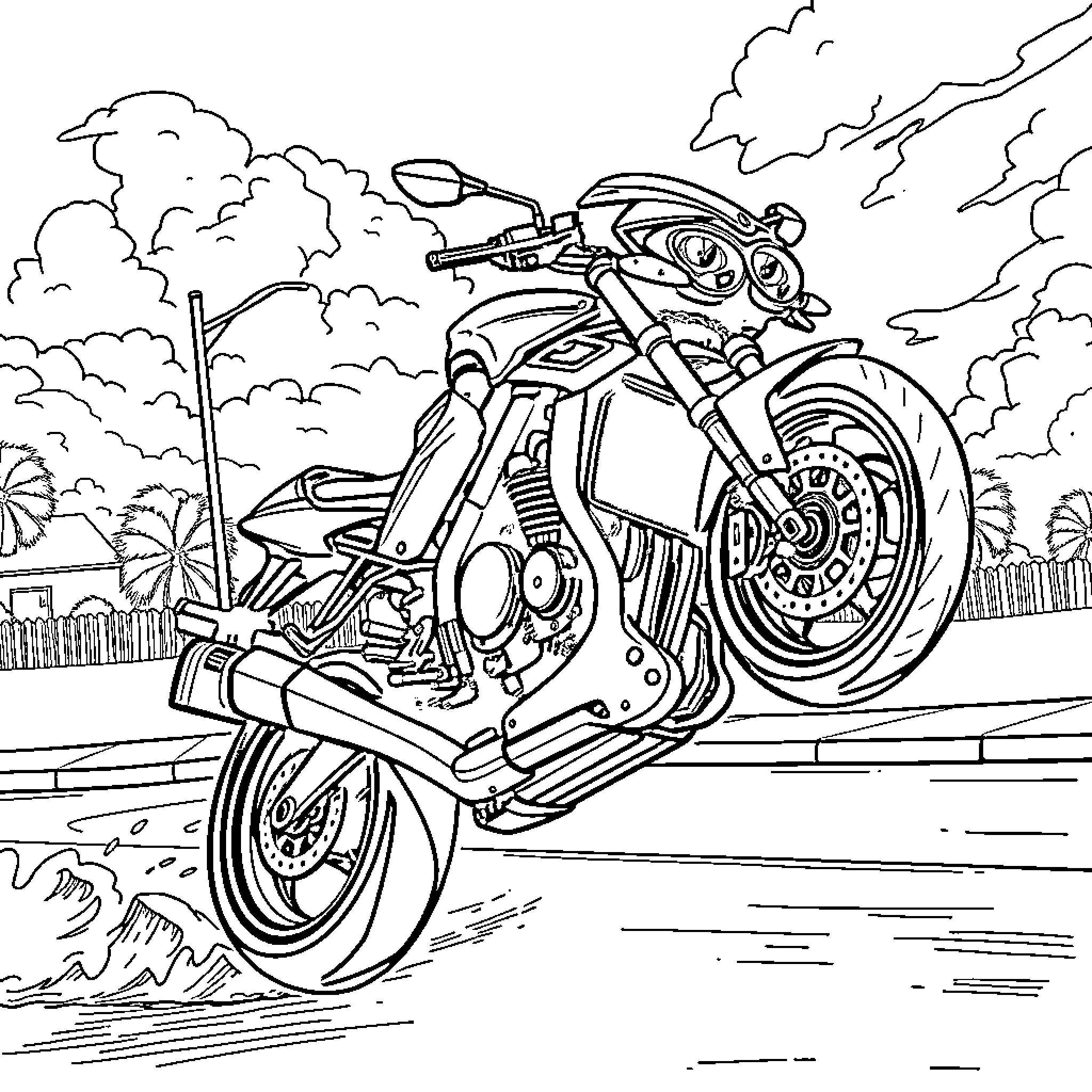 Triumph of the Powerful Motorcycle on the Open Road Coloring Page (free black-and-white line drawing printable PDF for all, from beginners to advanced learners, including children, teens, adults, and seniors)