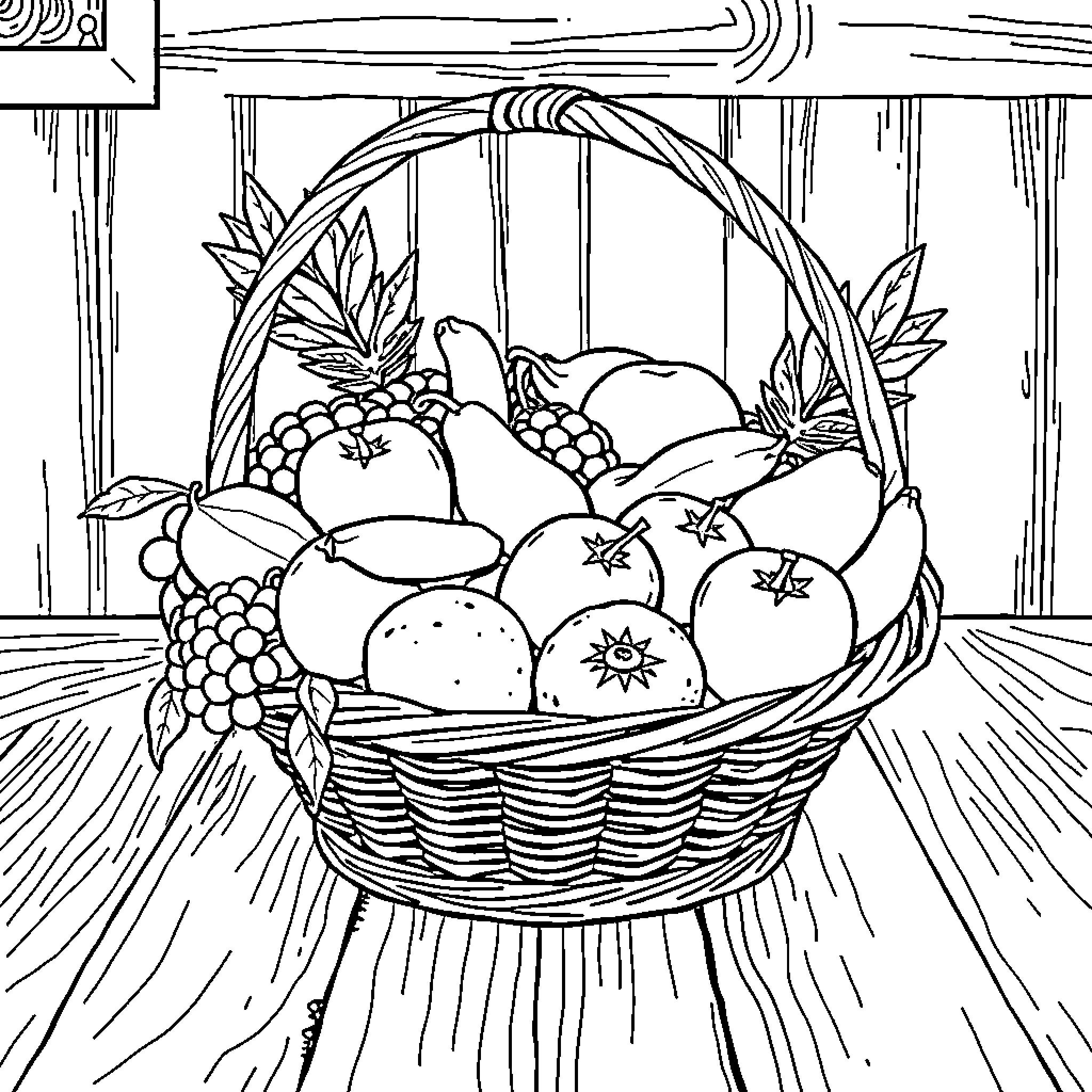 Fruit Basket Filled with Produce on Rustic Wooden Surface Coloring Page (free black-and-white line drawing printable PDF for all, from beginners to advanced learners, including children, teens, adults, and seniors)