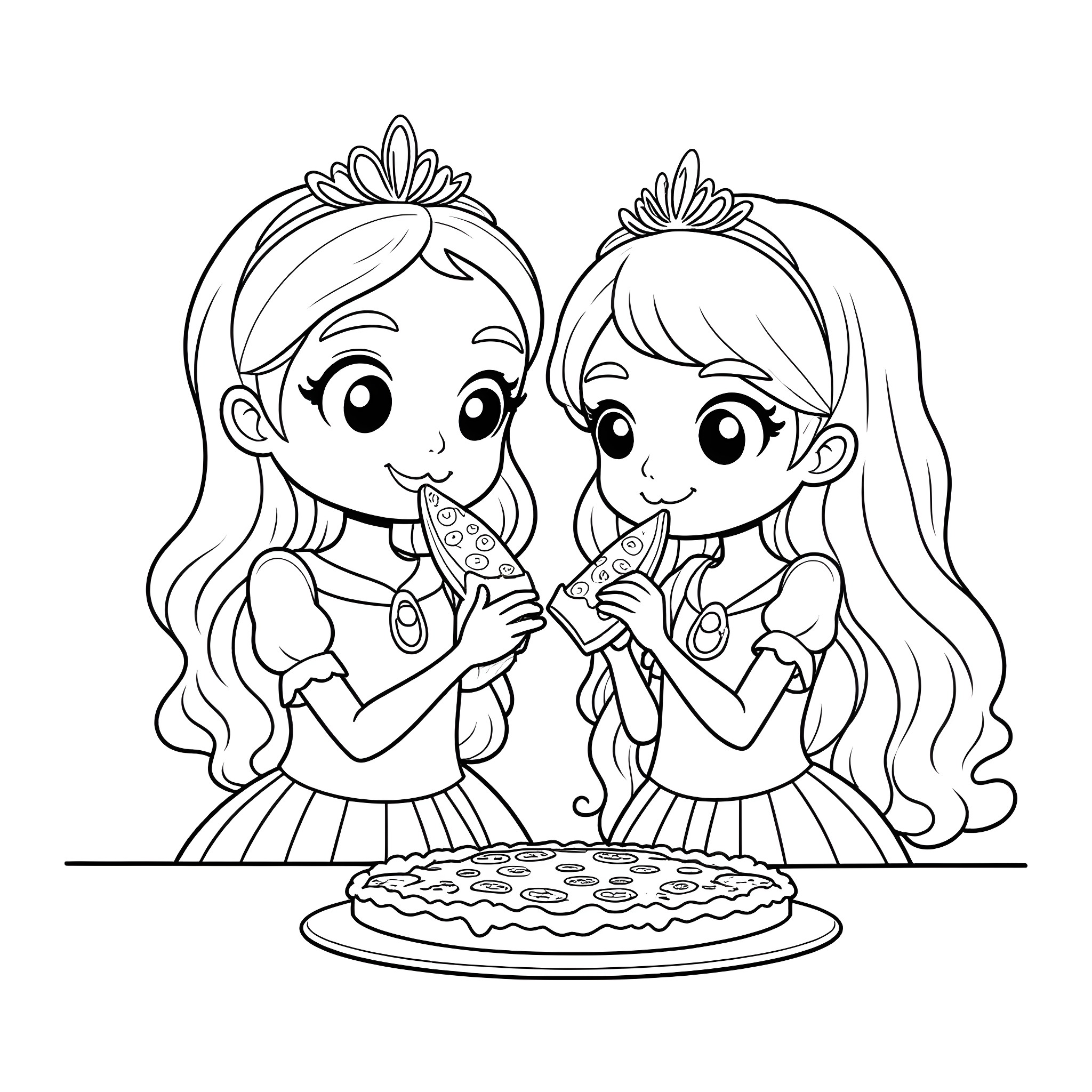 Princess sisters baking a cake together Coloring Page (free black-and-white line drawing printable PDF for all, from beginners to advanced learners, including children, teens, adults, and seniors)