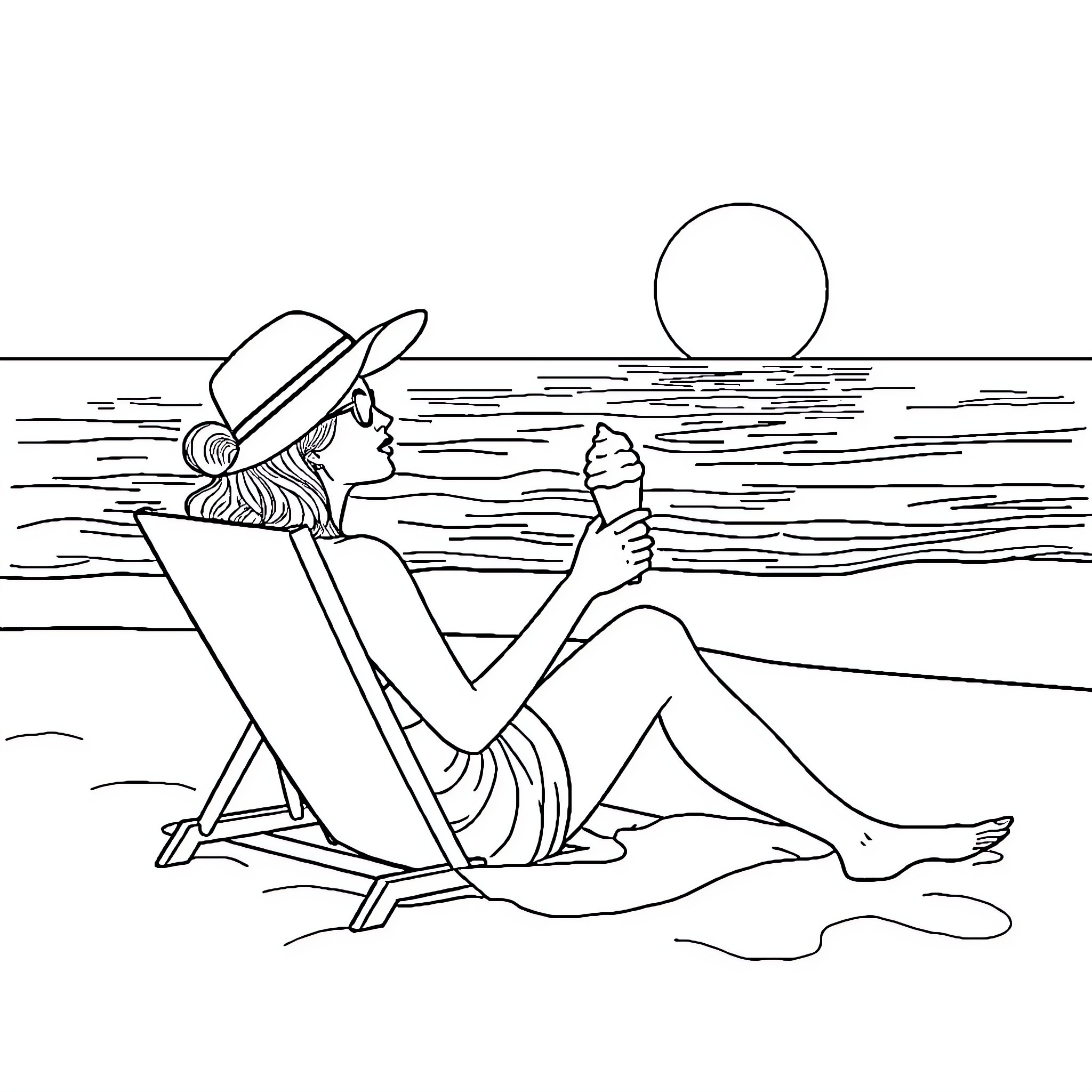 Woman relaxing on the beach with ice cream Coloring Page (free black-and-white line drawing printable PDF for all, from beginners to advanced learners, including children, teens, adults, and seniors)