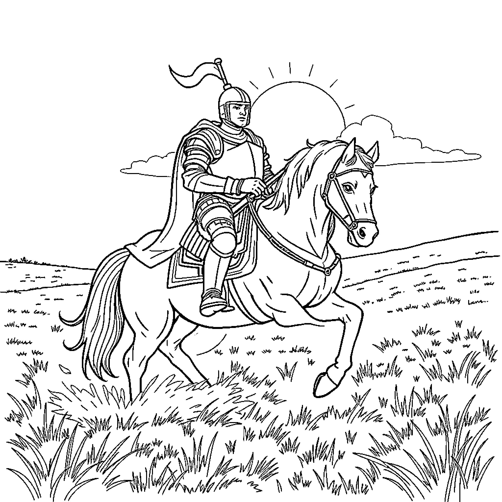 Knight Riding a Horse Across the Countryside Coloring Page (free black-and-white line drawing printable PDF for all, from beginners to advanced learners, including children, teens, adults, and seniors)
