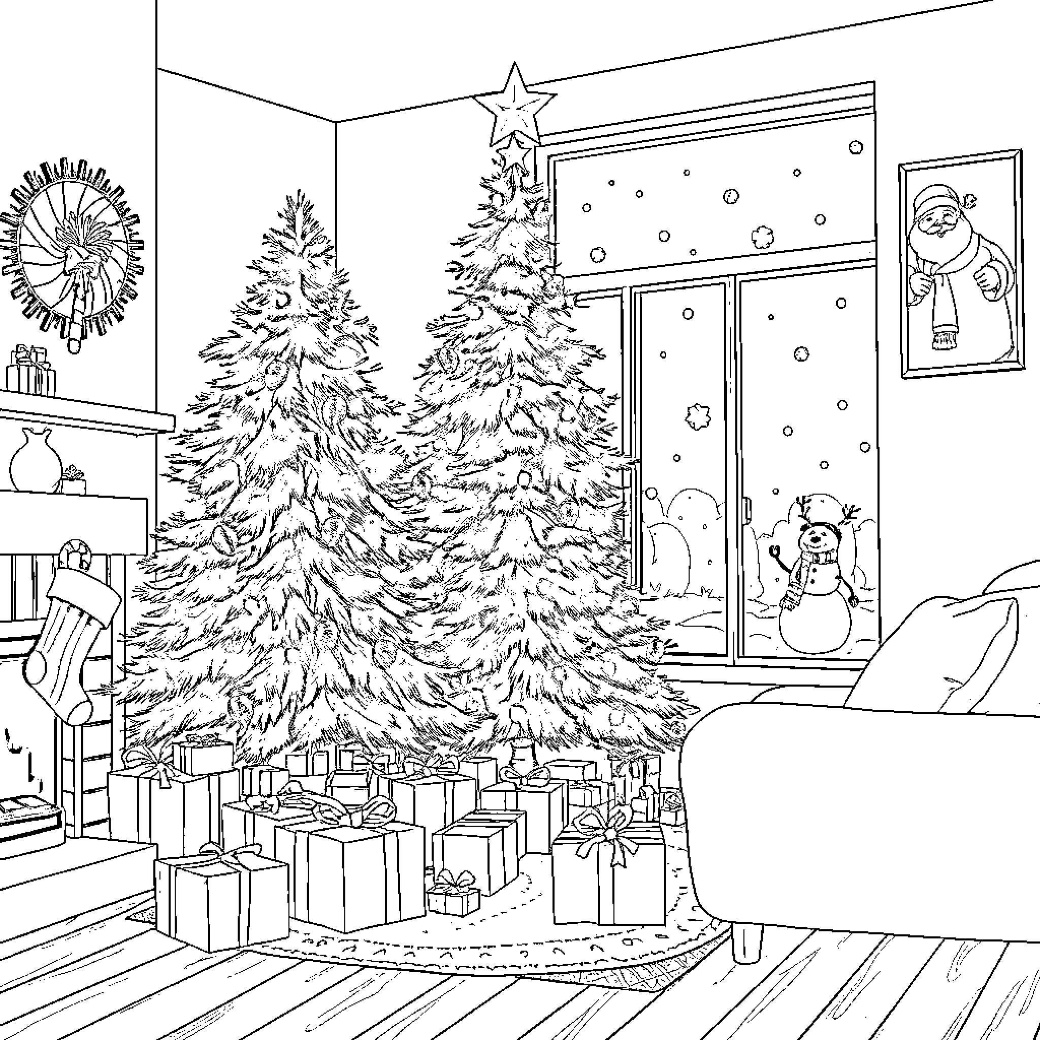 Christmas Celebration in Cozy Home Coloring Page (free black-and-white line drawing printable PDF for all, from beginners to advanced learners, including children, teens, adults, and seniors)
