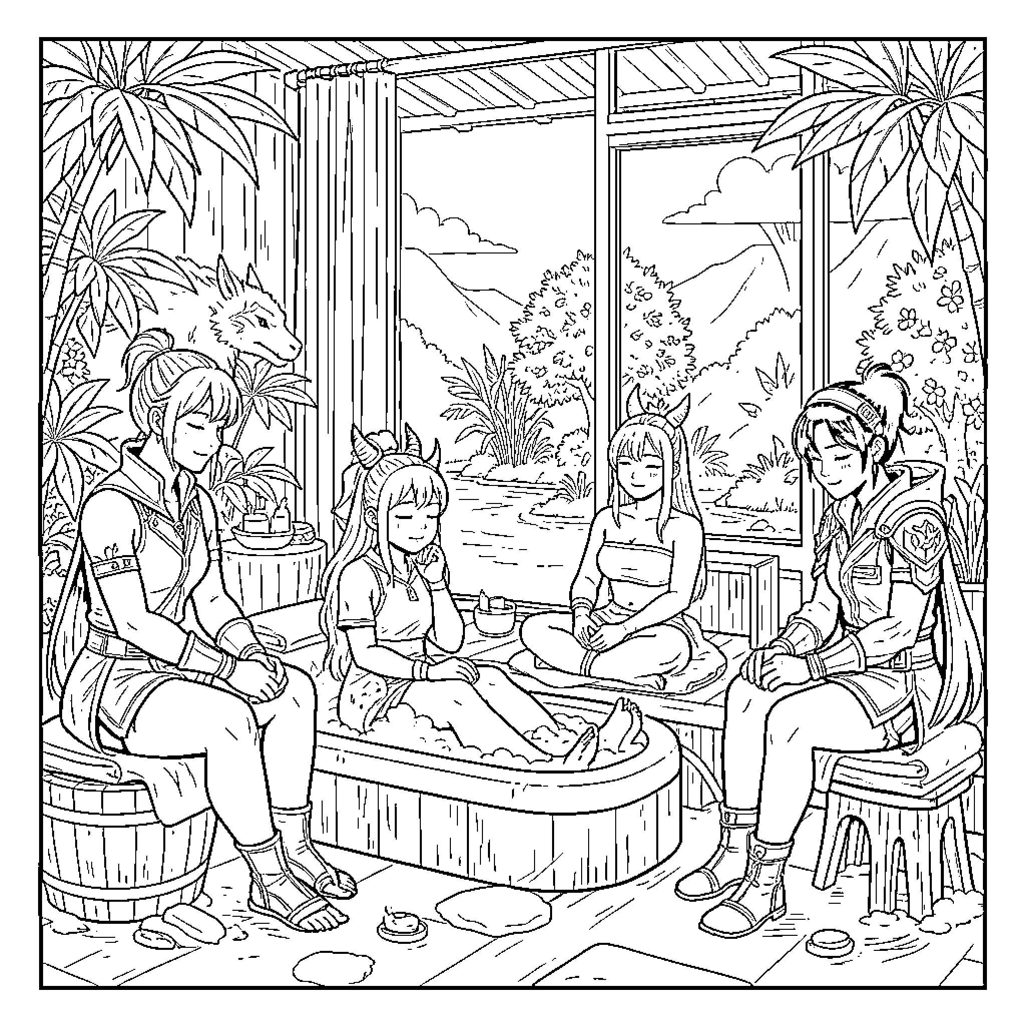Demon girls relaxing in a peaceful outdoor spa Coloring Page (free black-and-white line drawing printable PDF for all, from beginners to advanced learners, including children, teens, adults, and seniors)