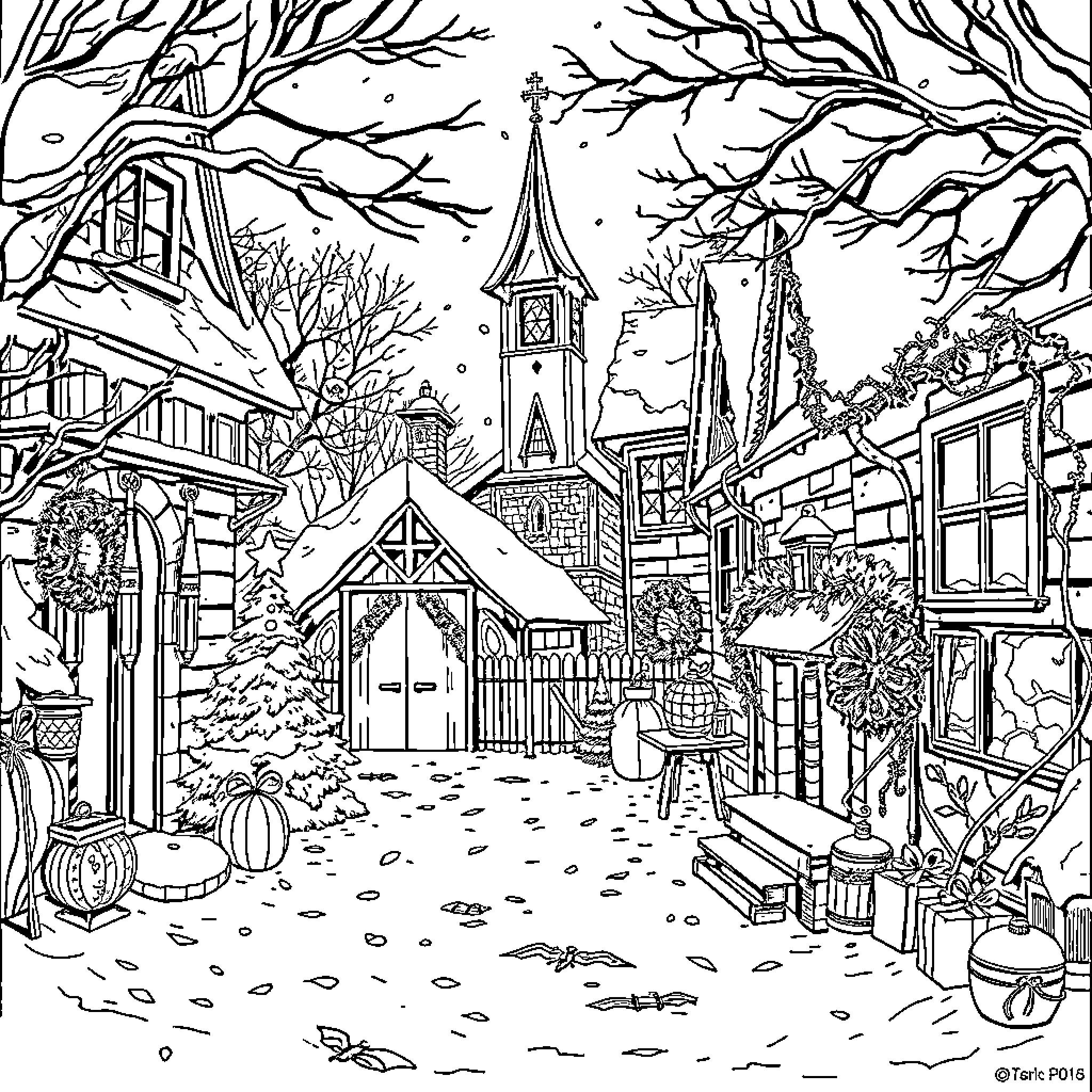 Snowman in a Quaint Winter Village Coloring Page (free black-and-white line drawing printable PDF for all, from beginners to advanced learners, including children, teens, adults, and seniors)