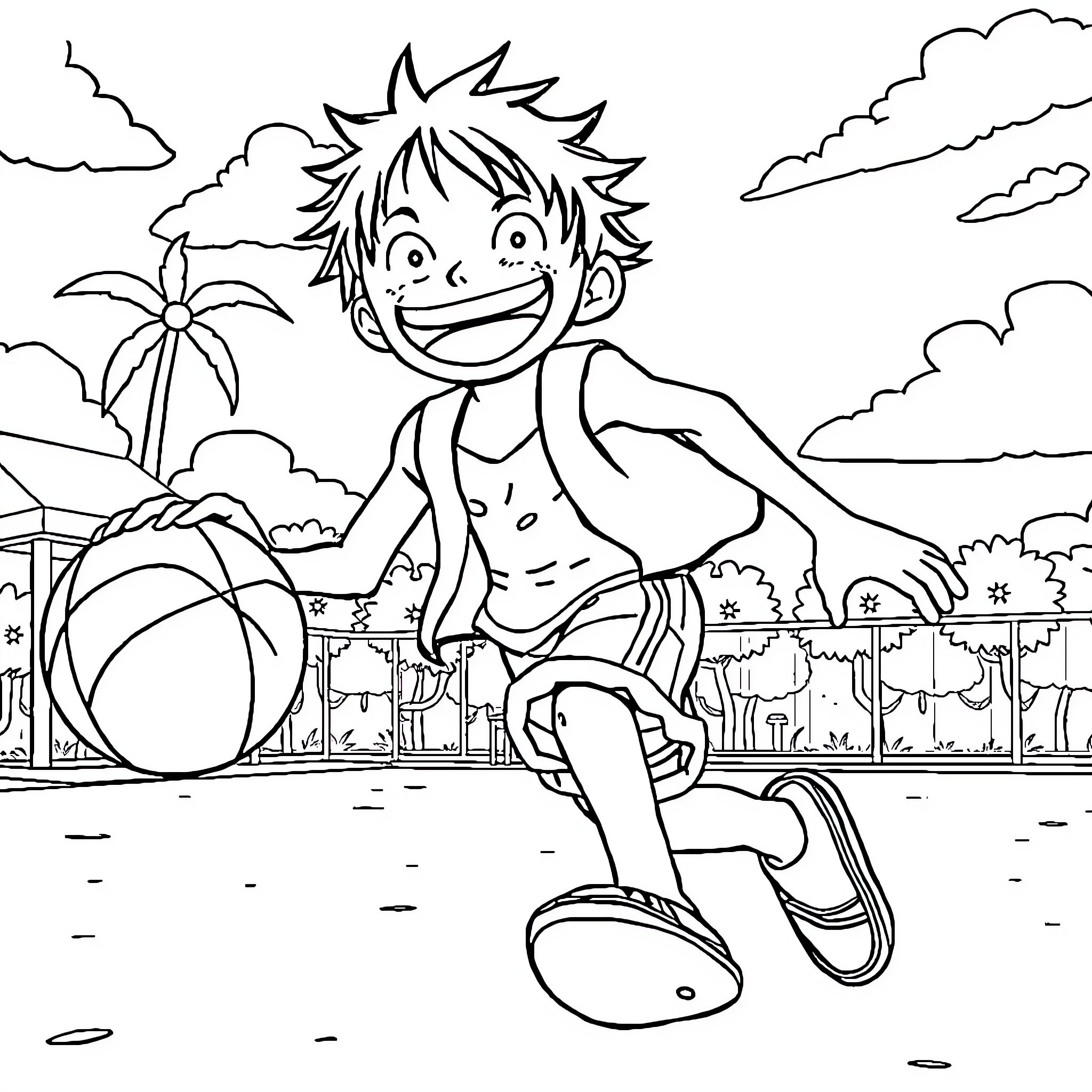 Luffy Enjoying a Summer Day at the Beach Coloring Page (free black-and-white line drawing printable PDF for all, from beginners to advanced learners, including children, teens, adults, and seniors)