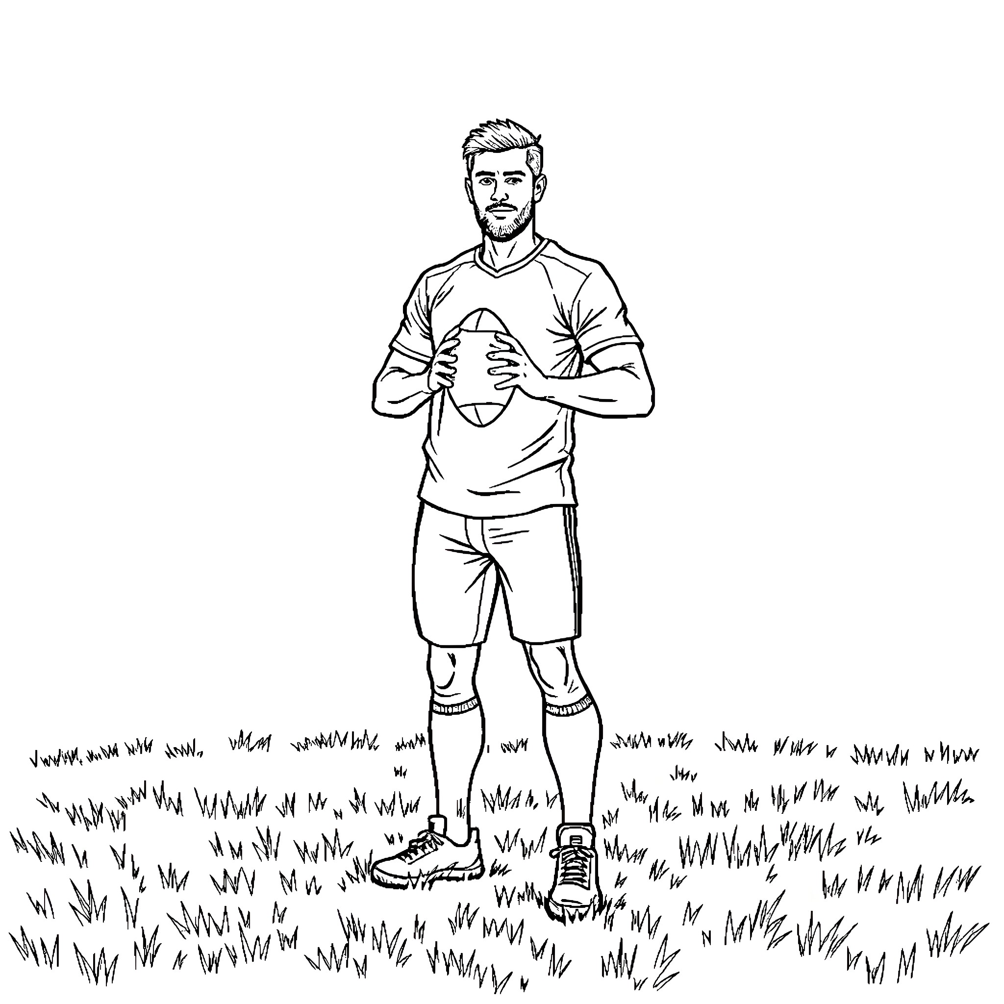 Man playing with football in grassy field Coloring Page (free black-and-white line drawing printable PDF for all, from beginners to advanced learners, including children, teens, adults, and seniors)