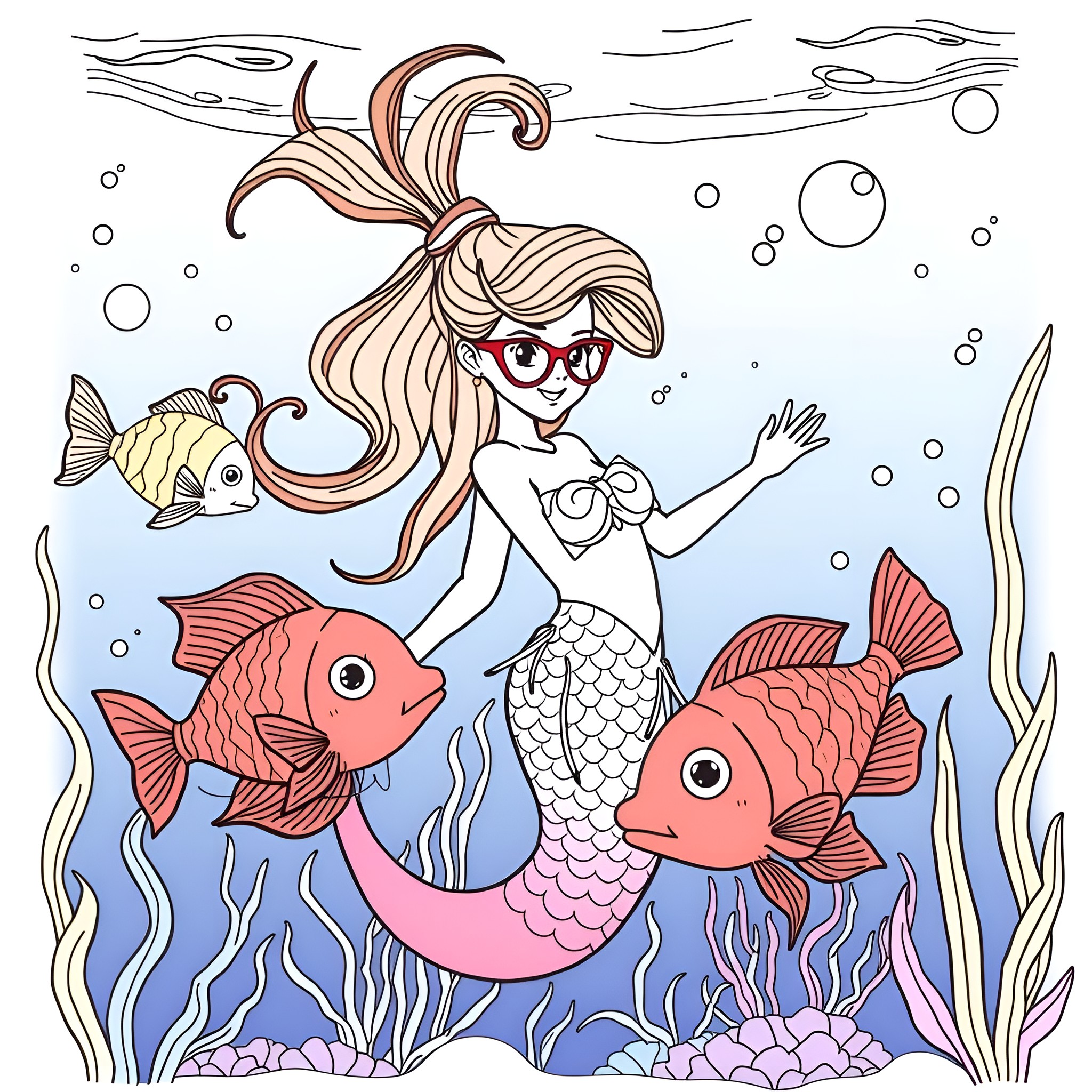 Mermaid playing happily with colorful fish in the ocean Coloring Page (free black-and-white line drawing printable PDF for all, from beginners to advanced learners, including children, teens, adults, and seniors)
