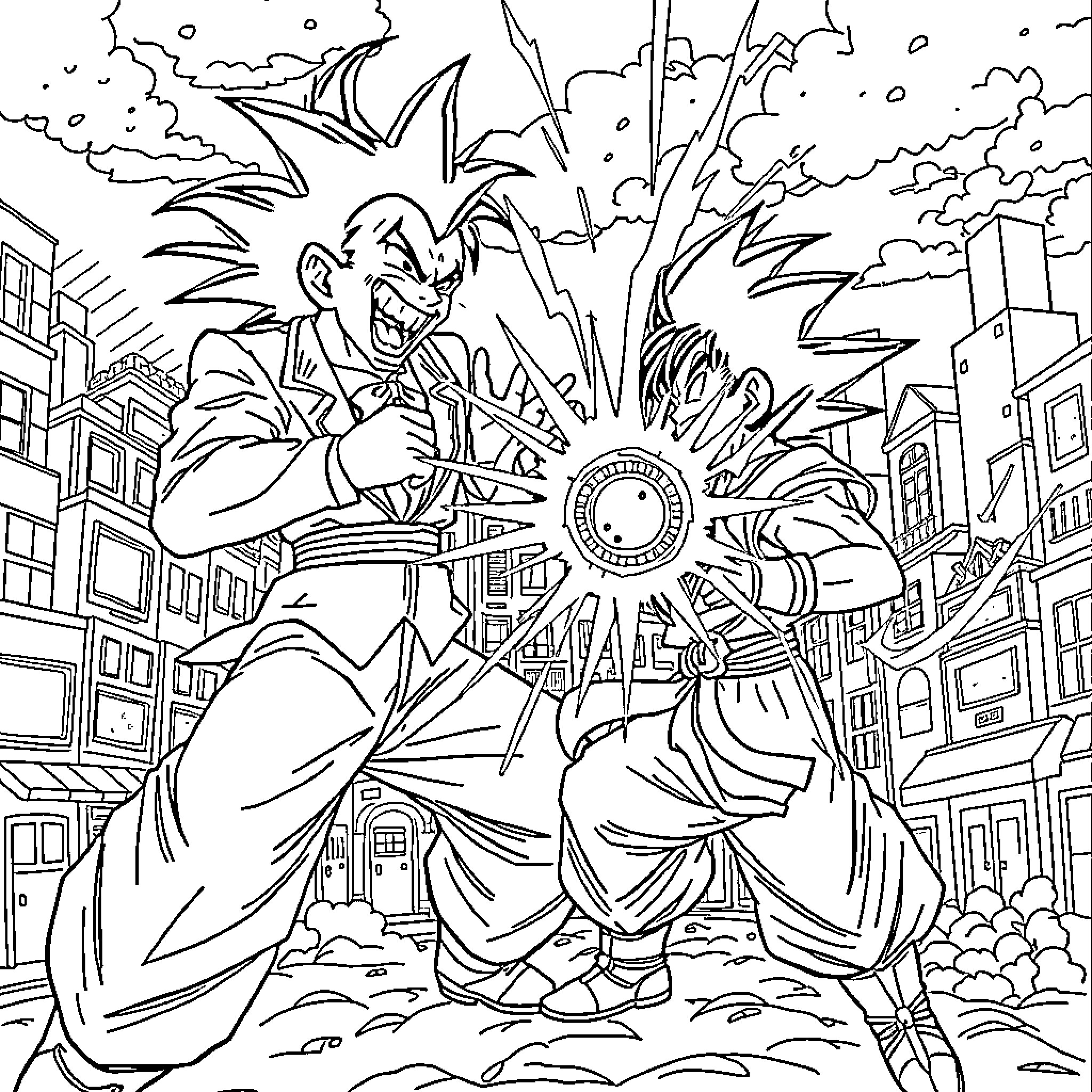 Joker causing chaos in the city Coloring Page (free black-and-white line drawing printable PDF for all, from beginners to advanced learners, including children, teens, adults, and seniors)
