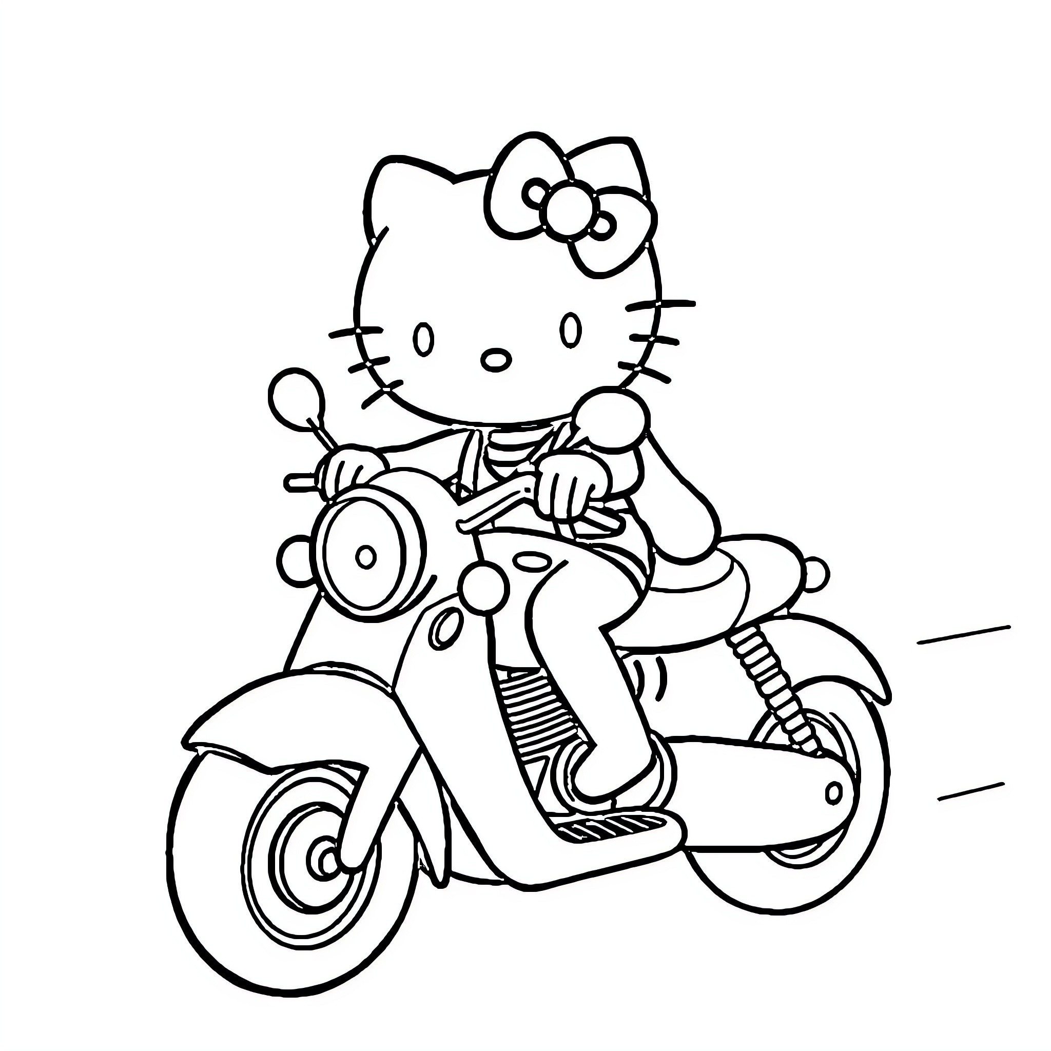 Hello Kitty riding a scooter happily Coloring Page (free black-and-white line drawing printable PDF for all, from beginners to advanced learners, including children, teens, adults, and seniors)