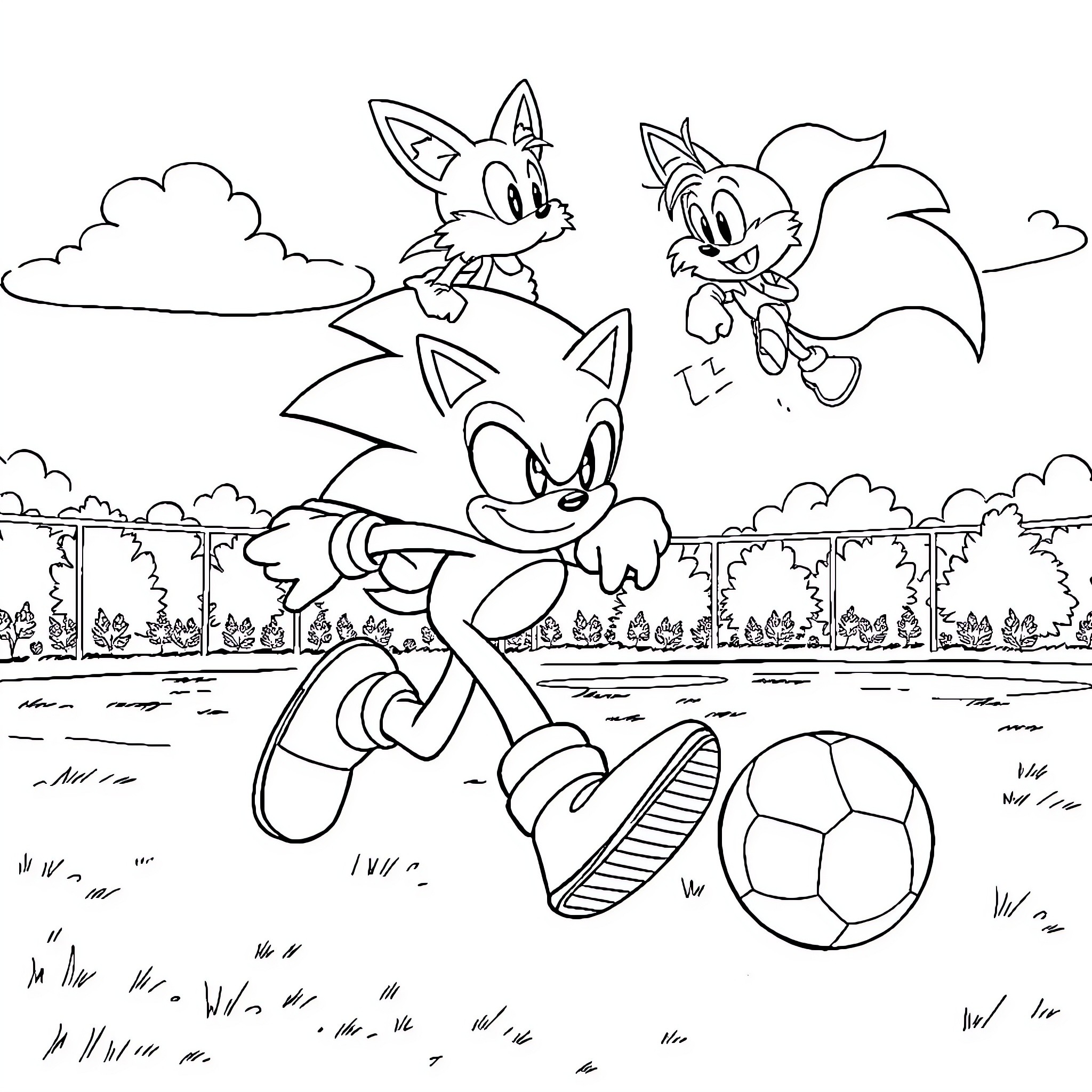 Sonic characters playing with soccer ball in field Coloring Page (free black-and-white line drawing printable PDF for all, from beginners to advanced learners, including children, teens, adults, and seniors)