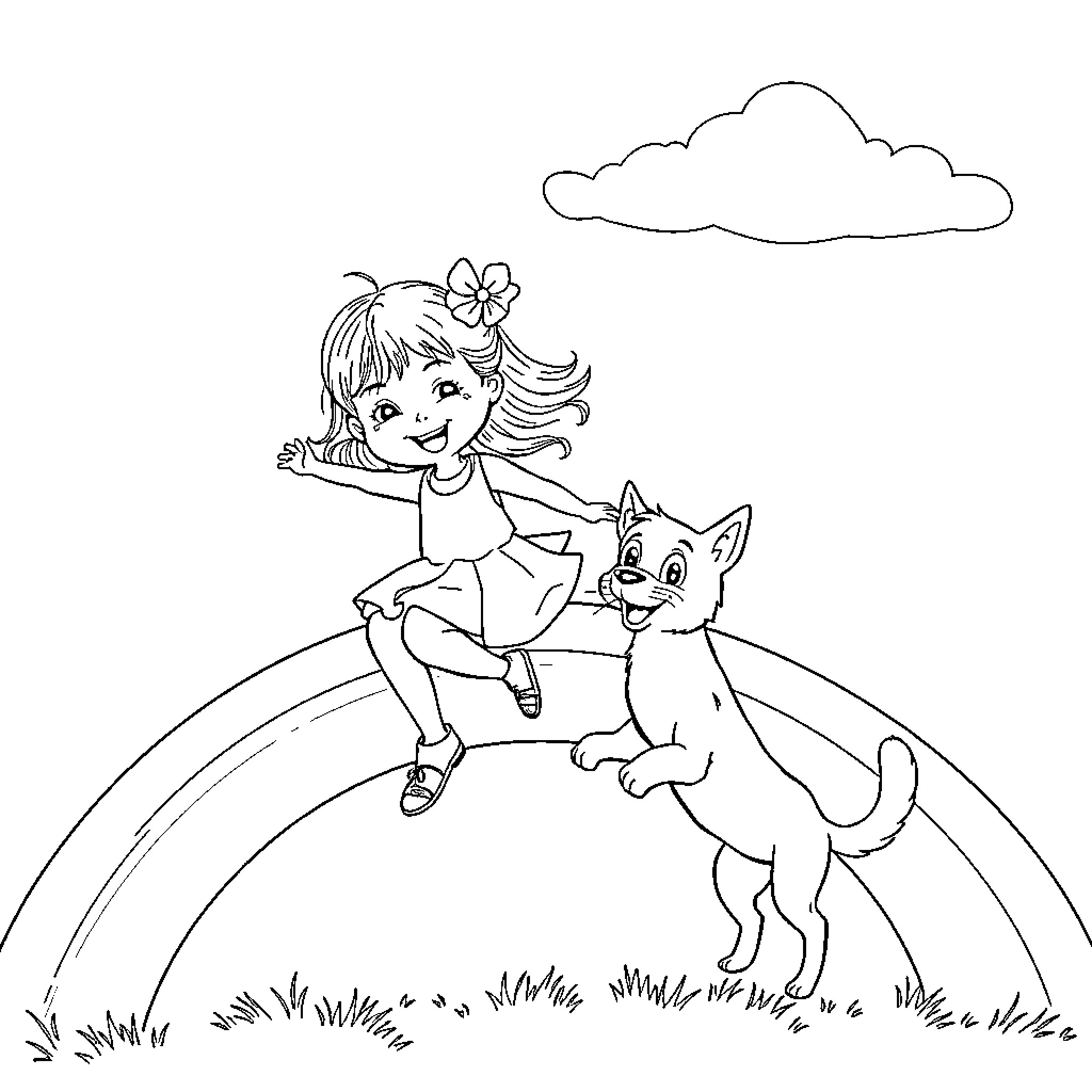 Girl playing joyfully with her dog on a rainbow Coloring Page (free black-and-white line drawing printable PDF for all, from beginners to advanced learners, including children, teens, adults, and seniors)