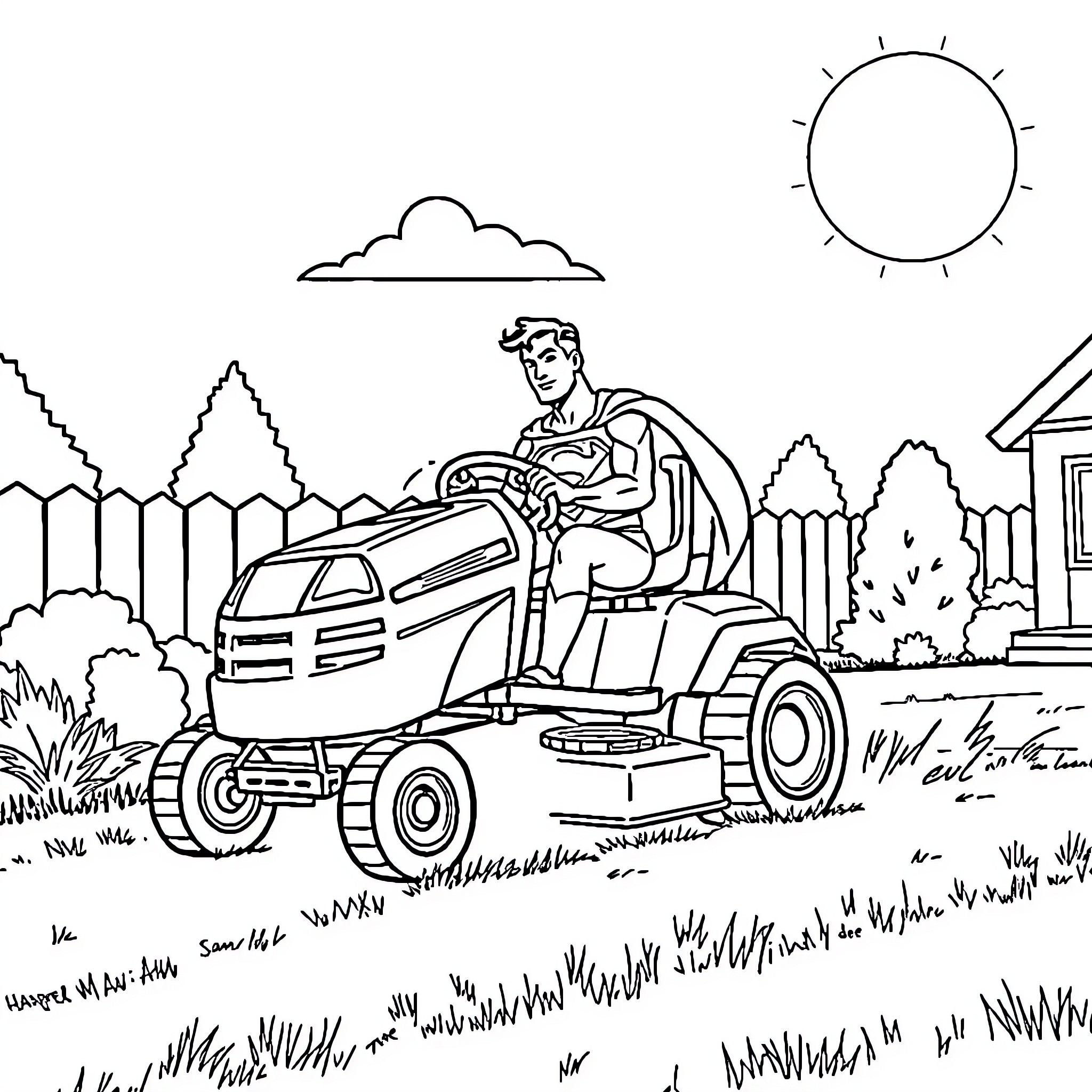 Superman mowing the lawn on a sunny day Coloring Page (free black-and-white line drawing printable PDF for all, from beginners to advanced learners, including children, teens, adults, and seniors)