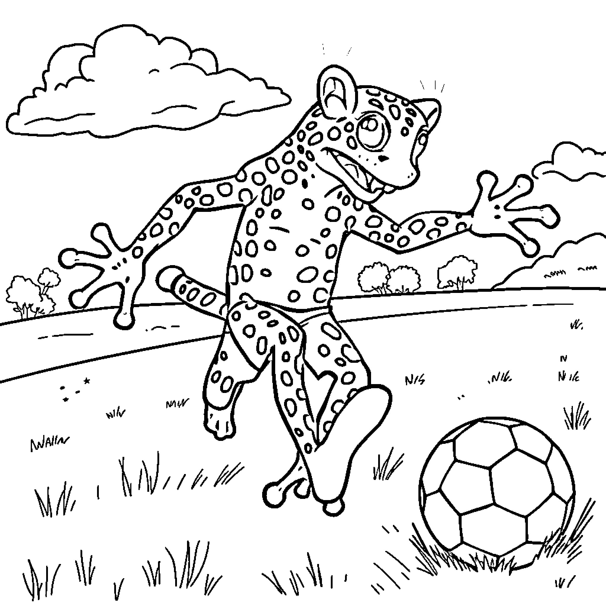 Cheetahfrog playing with soccer ball in field Coloring Page (free black-and-white line drawing printable PDF for all, from beginners to advanced learners, including children, teens, adults, and seniors)