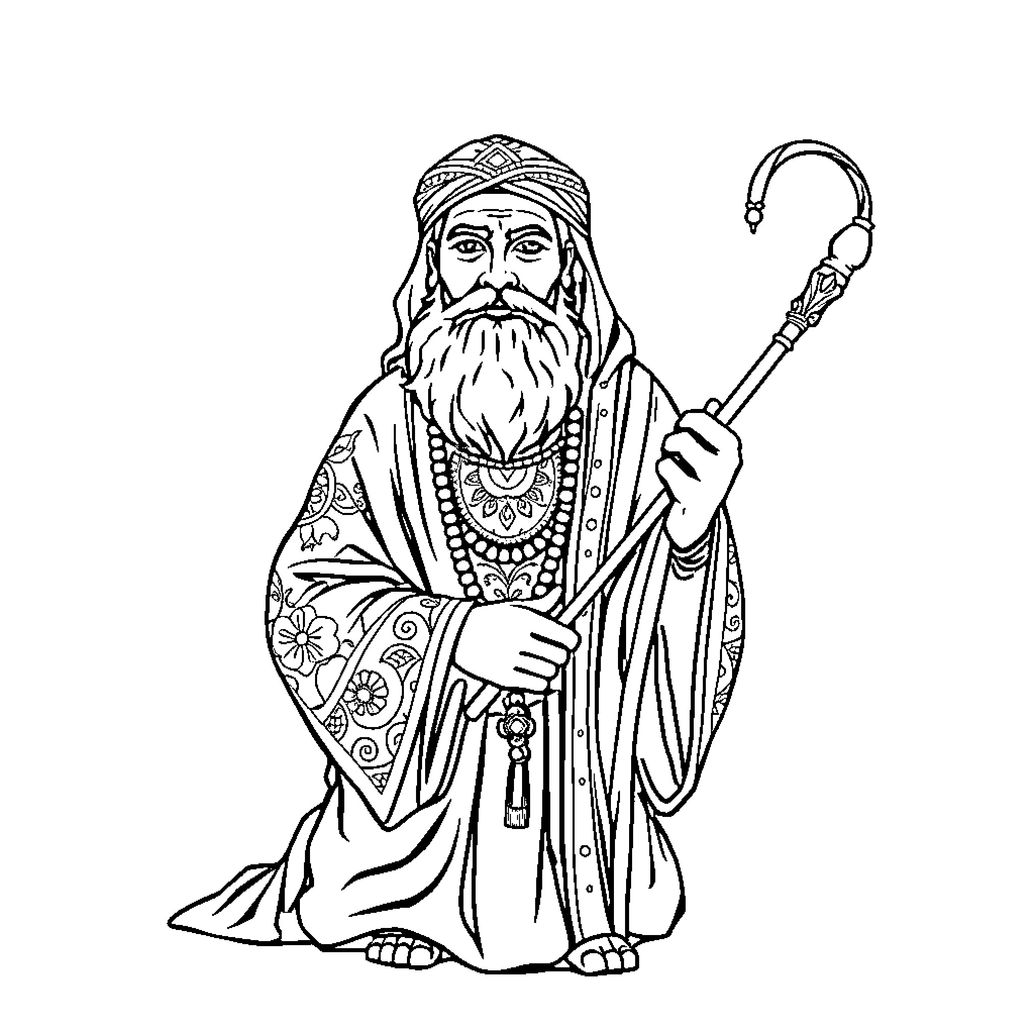 Rumi the Wise Elder in Ornate Robes Coloring Page (free black-and-white line drawing printable PDF for all, from beginners to advanced learners, including children, teens, adults, and seniors)