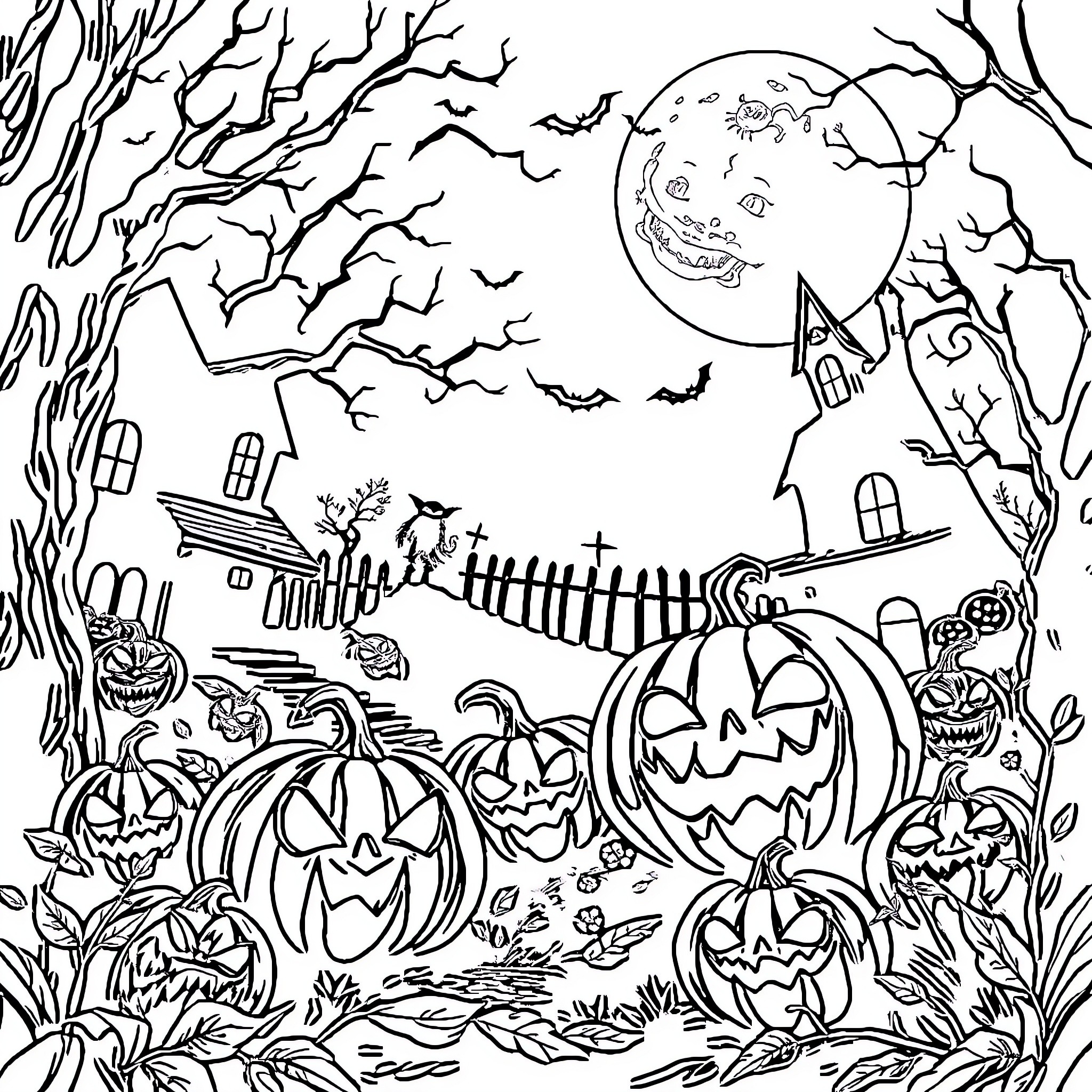 Halloween spooky scene with pumpkins and haunted houses Coloring Page (free black-and-white line drawing printable PDF for all, from beginners to advanced learners, including children, teens, adults, and seniors)