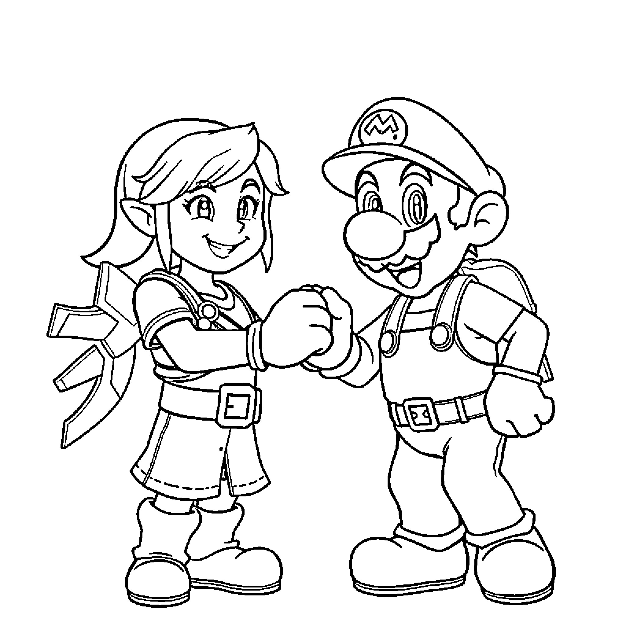 Link and Mario in Adventurous Attire Coloring Page (free black-and-white line drawing printable PDF for all, from beginners to advanced learners, including children, teens, adults, and seniors)