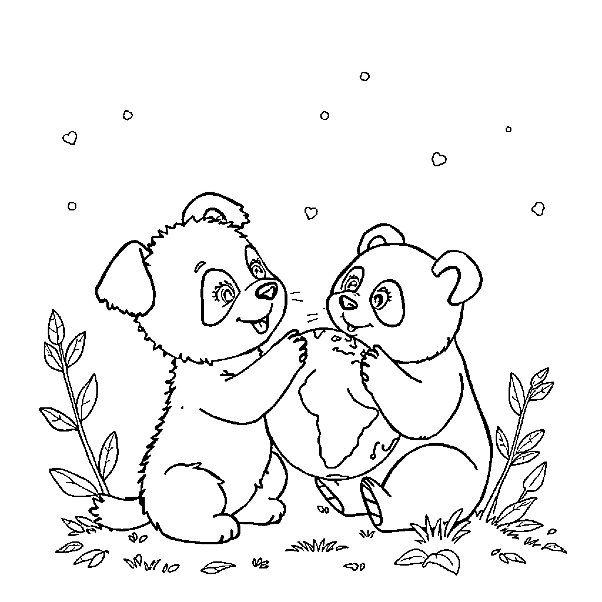 Chien playing with puppy in nature Coloring Page (free black-and-white line drawing printable PDF for all, from beginners to advanced learners, including children, teens, adults, and seniors)