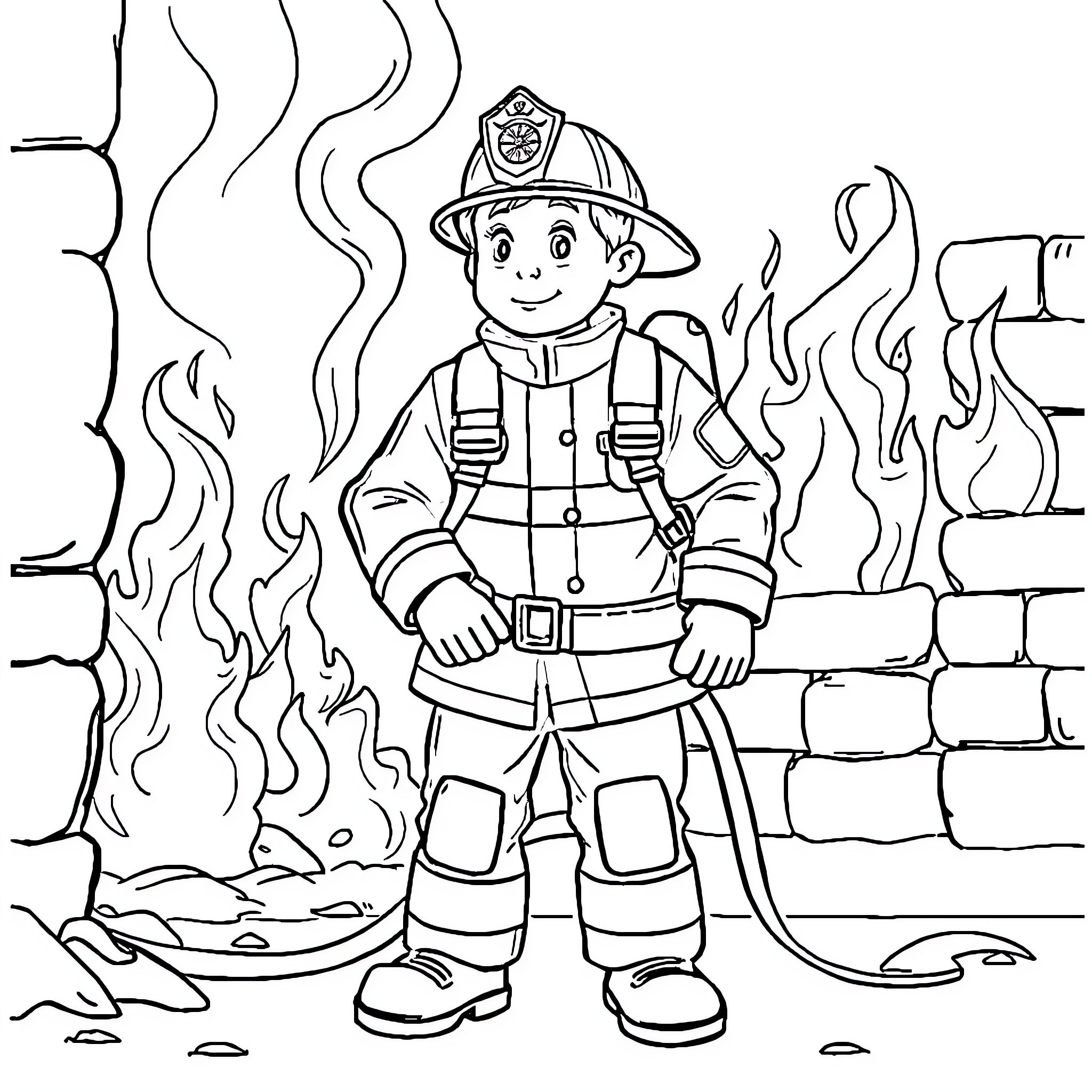 Firefighter battling flames in a burning building Coloring Page (free black-and-white line drawing printable PDF for all, from beginners to advanced learners, including children, teens, adults, and seniors)