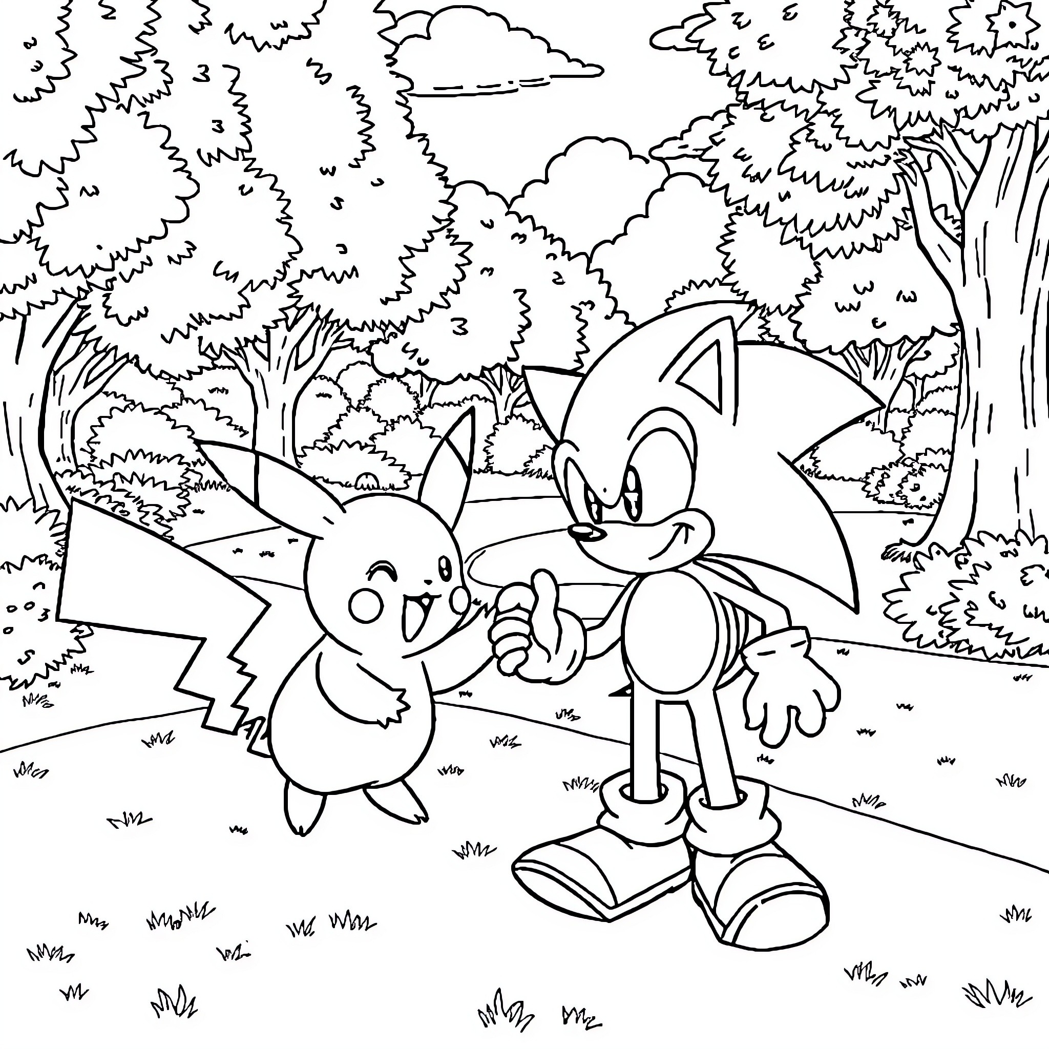 Sonic and Pikachu Exploring the Colorful Forest Coloring Page (free black-and-white line drawing printable PDF for all, from beginners to advanced learners, including children, teens, adults, and seniors)