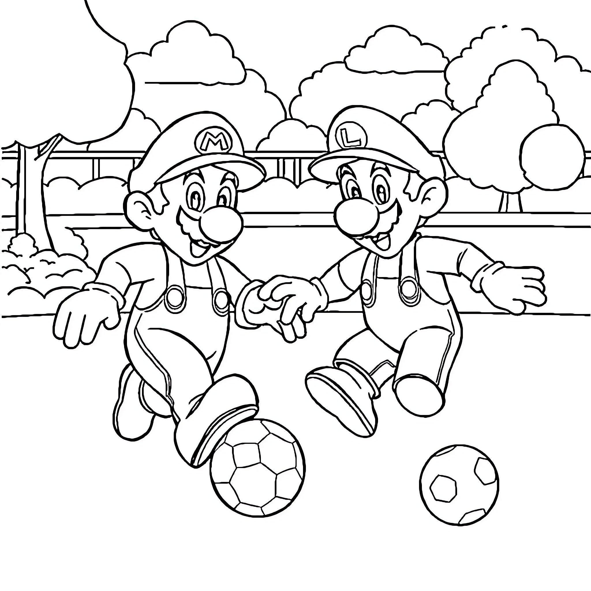 Mario and Luigi Playing Soccer in the Park Coloring Page (free black-and-white line drawing printable PDF for all, from beginners to advanced learners, including children, teens, adults, and seniors)