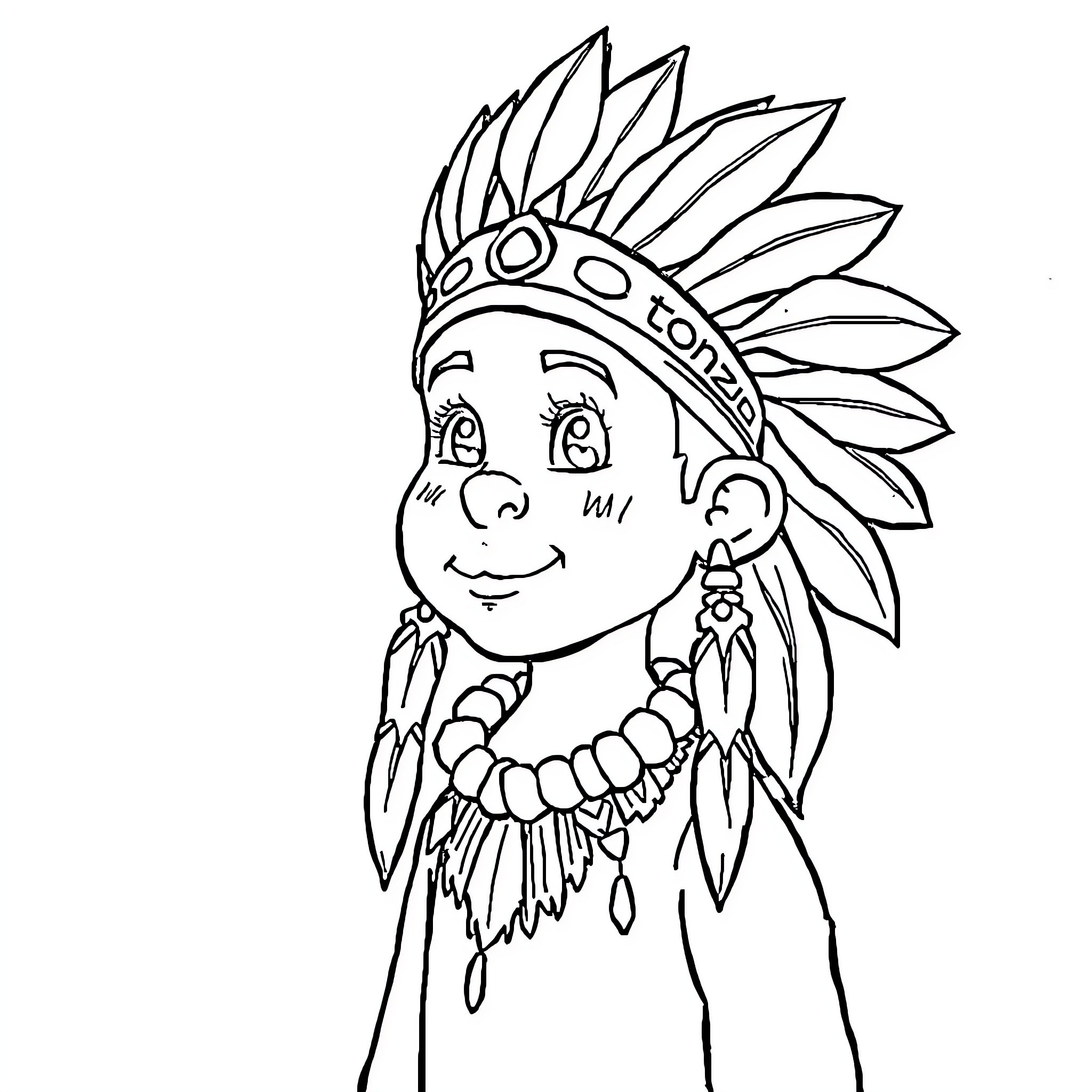 Kid in Cheerful Native American Costume Coloring Page (free black-and-white line drawing printable PDF for all, from beginners to advanced learners, including children, teens, adults, and seniors)