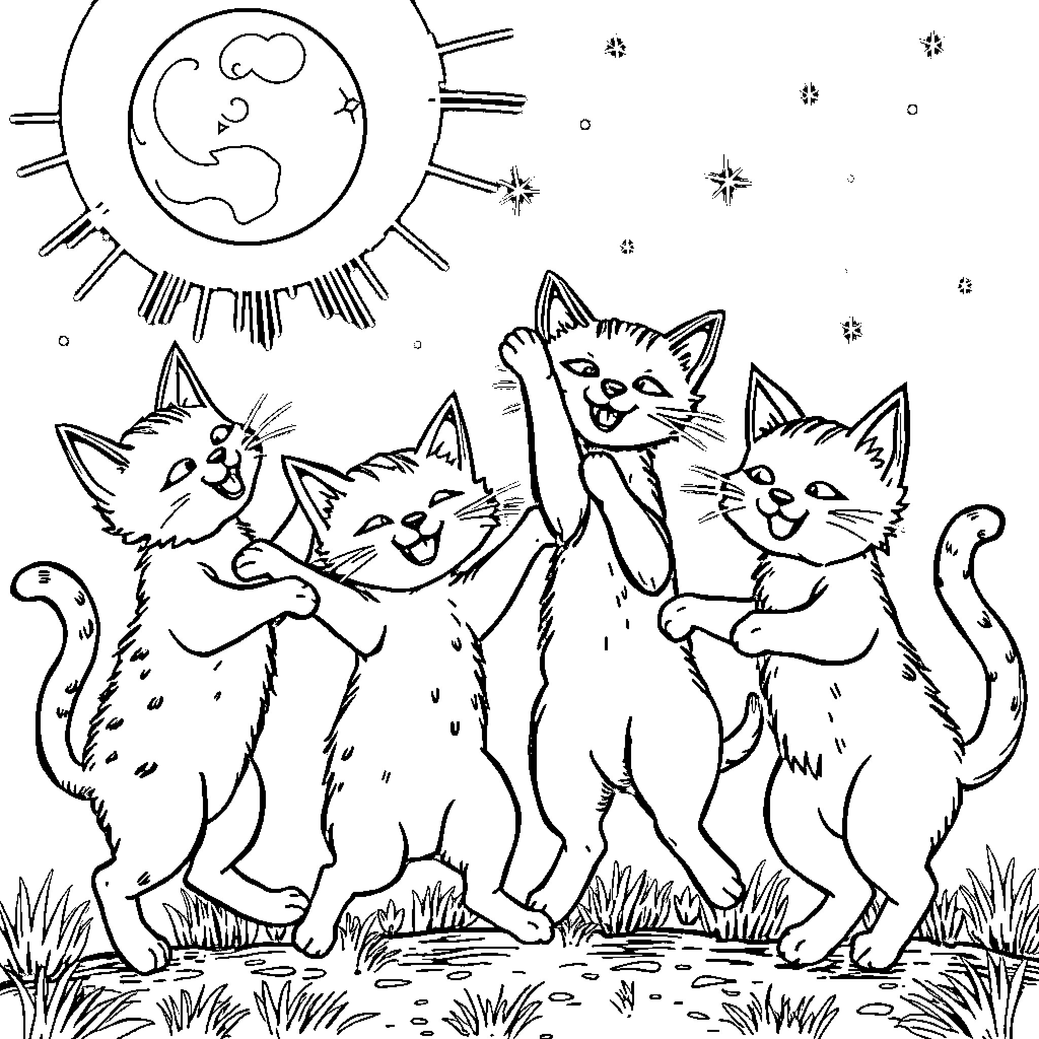 Cats dancing under the sun Coloring Page (free black-and-white line drawing printable PDF for all, from beginners to advanced learners, including children, teens, adults, and seniors)