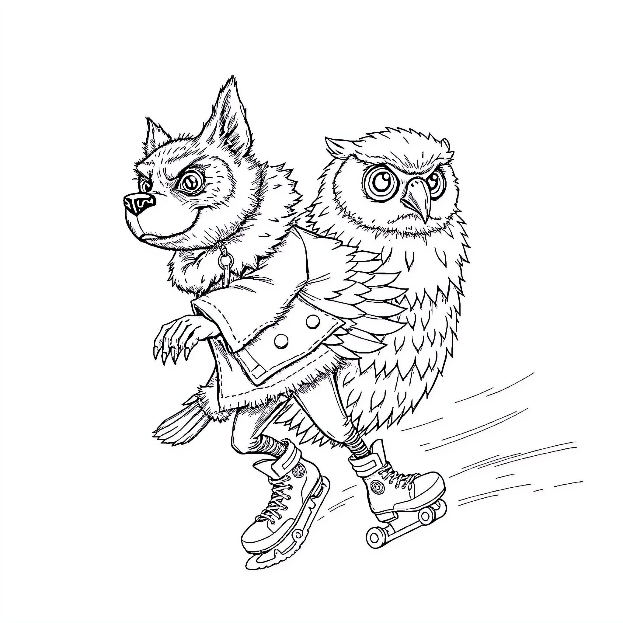 Dog and Owl Rollerblading Together Coloring Page (free black-and-white line drawing printable PDF for all, from beginners to advanced learners, including children, teens, adults, and seniors)