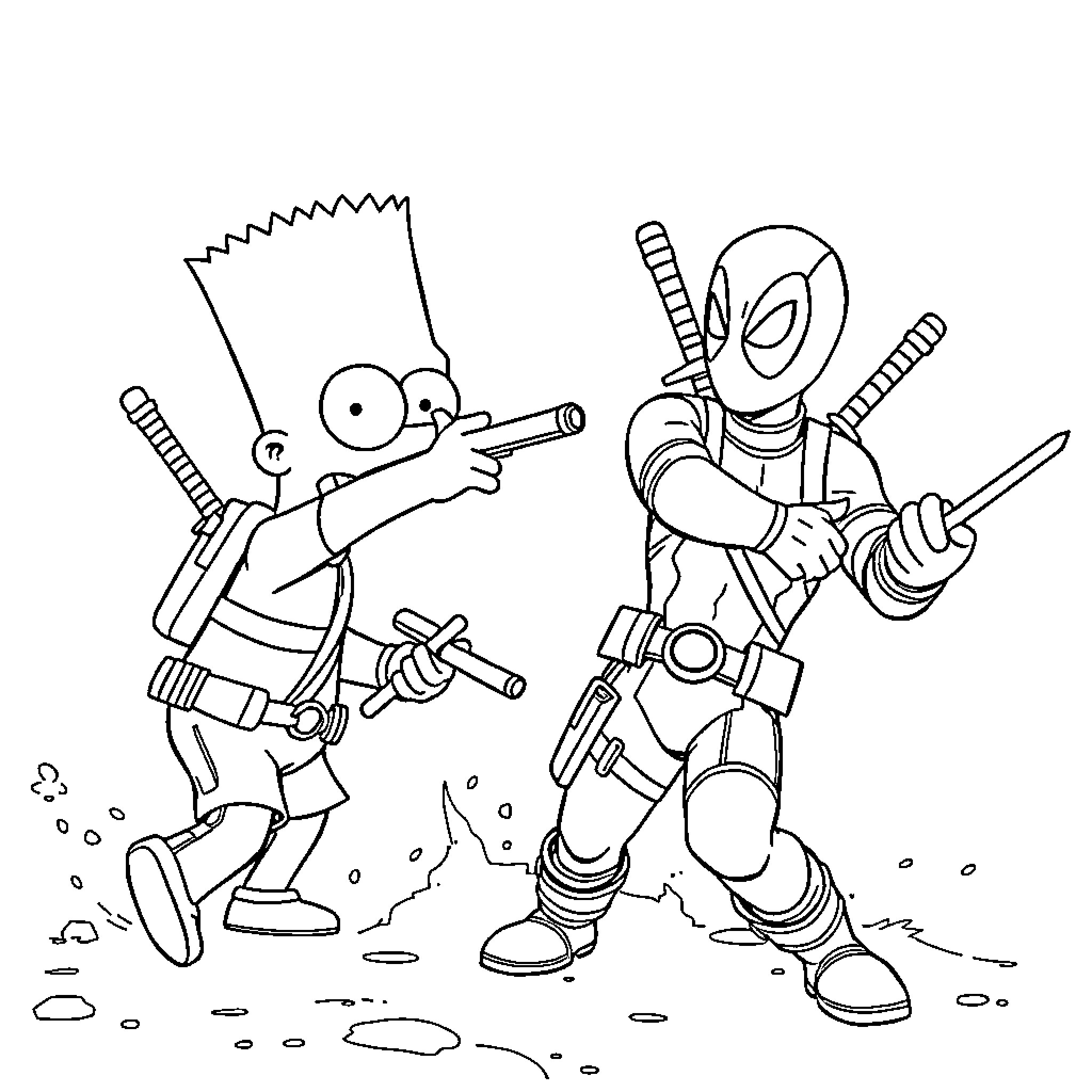 Bart Simpson engages in a friendly battle with Deadpool Coloring Page (free black-and-white line drawing printable PDF for all, from beginners to advanced learners, including children, teens, adults, and seniors)