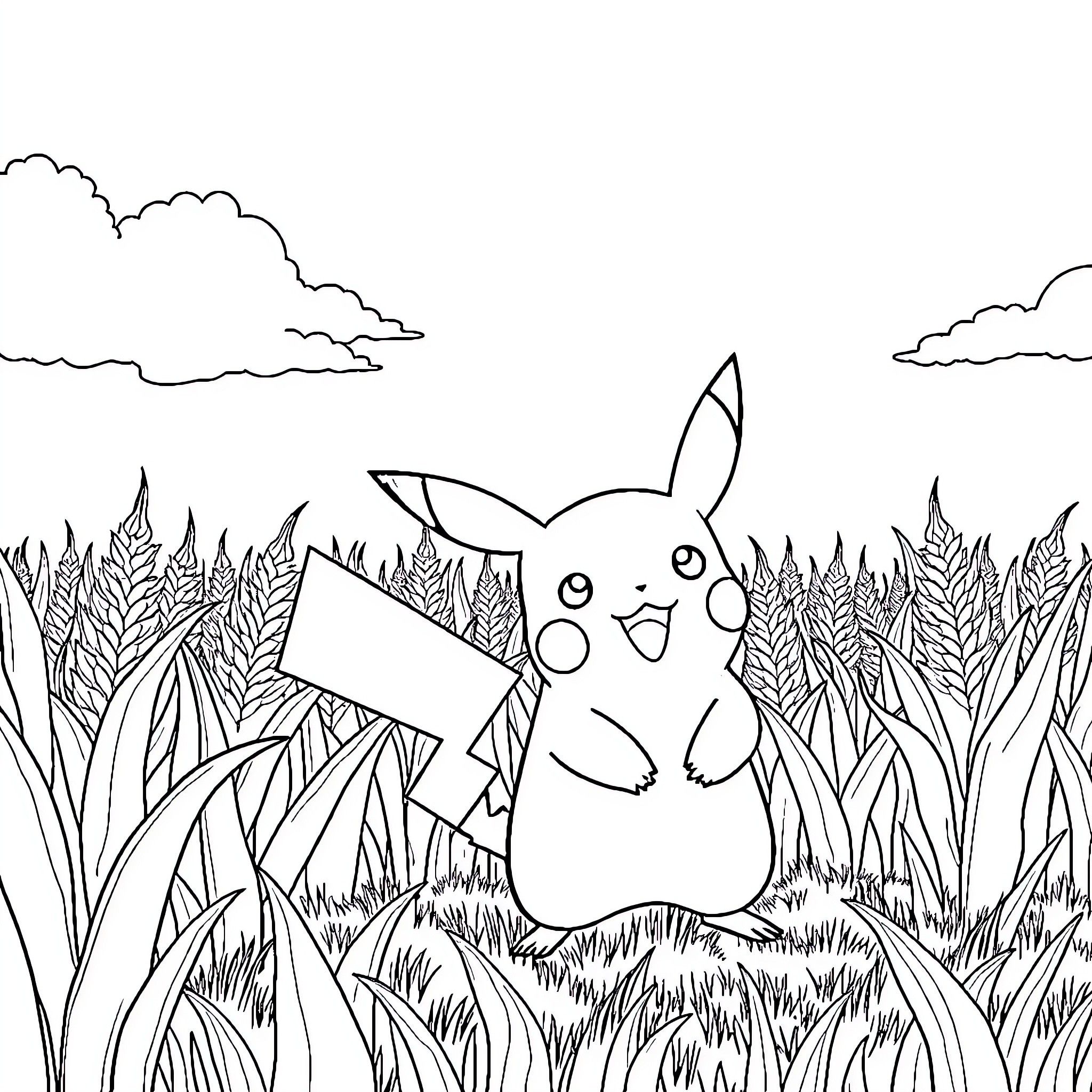 Pikachu exploring the outdoor meadow Coloring Page (free black-and-white line drawing printable PDF for all, from beginners to advanced learners, including children, teens, adults, and seniors)