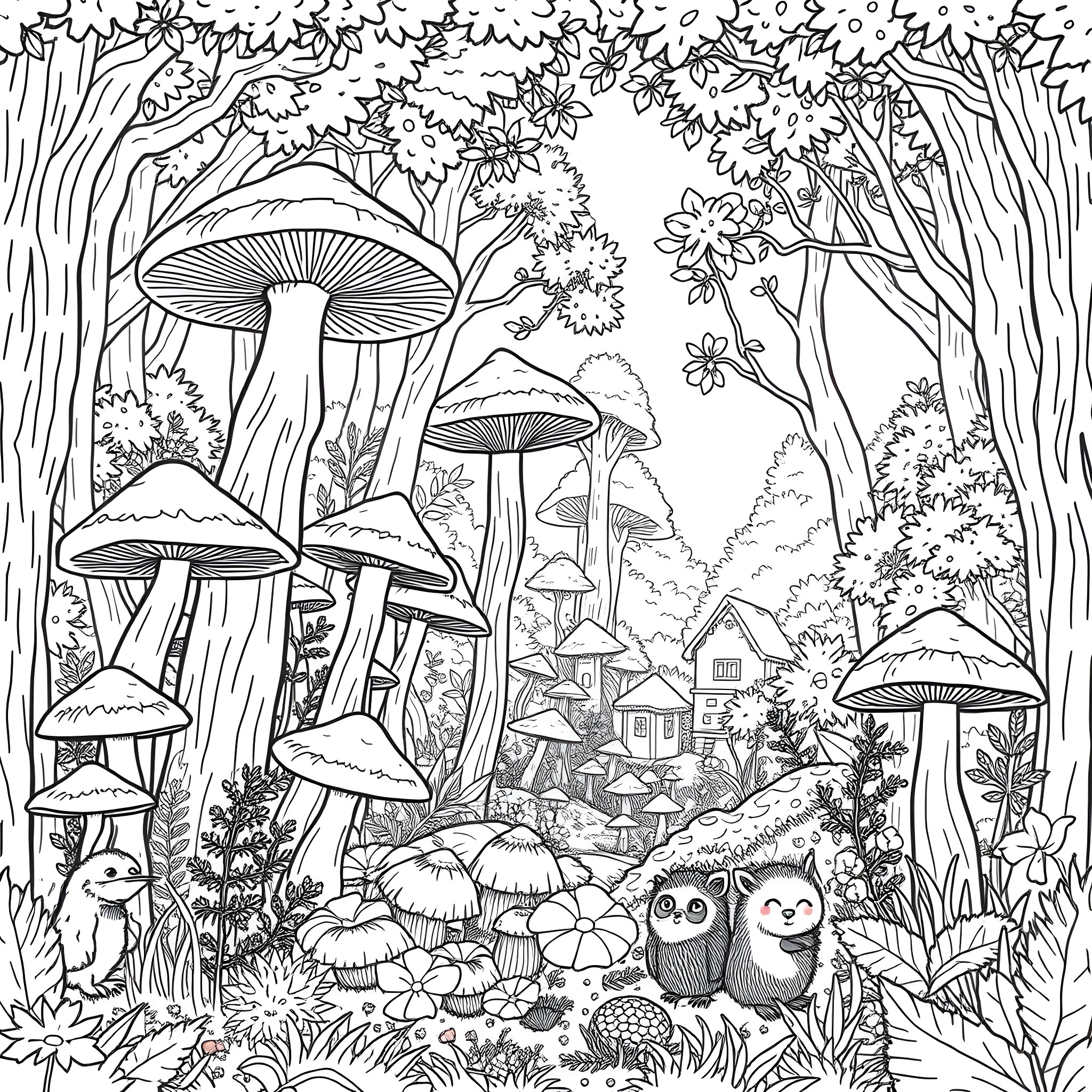 Mushroom Creatures in the Enchanted Forest Coloring Page (free black-and-white line drawing printable PDF for all, from beginners to advanced learners, including children, teens, adults, and seniors)