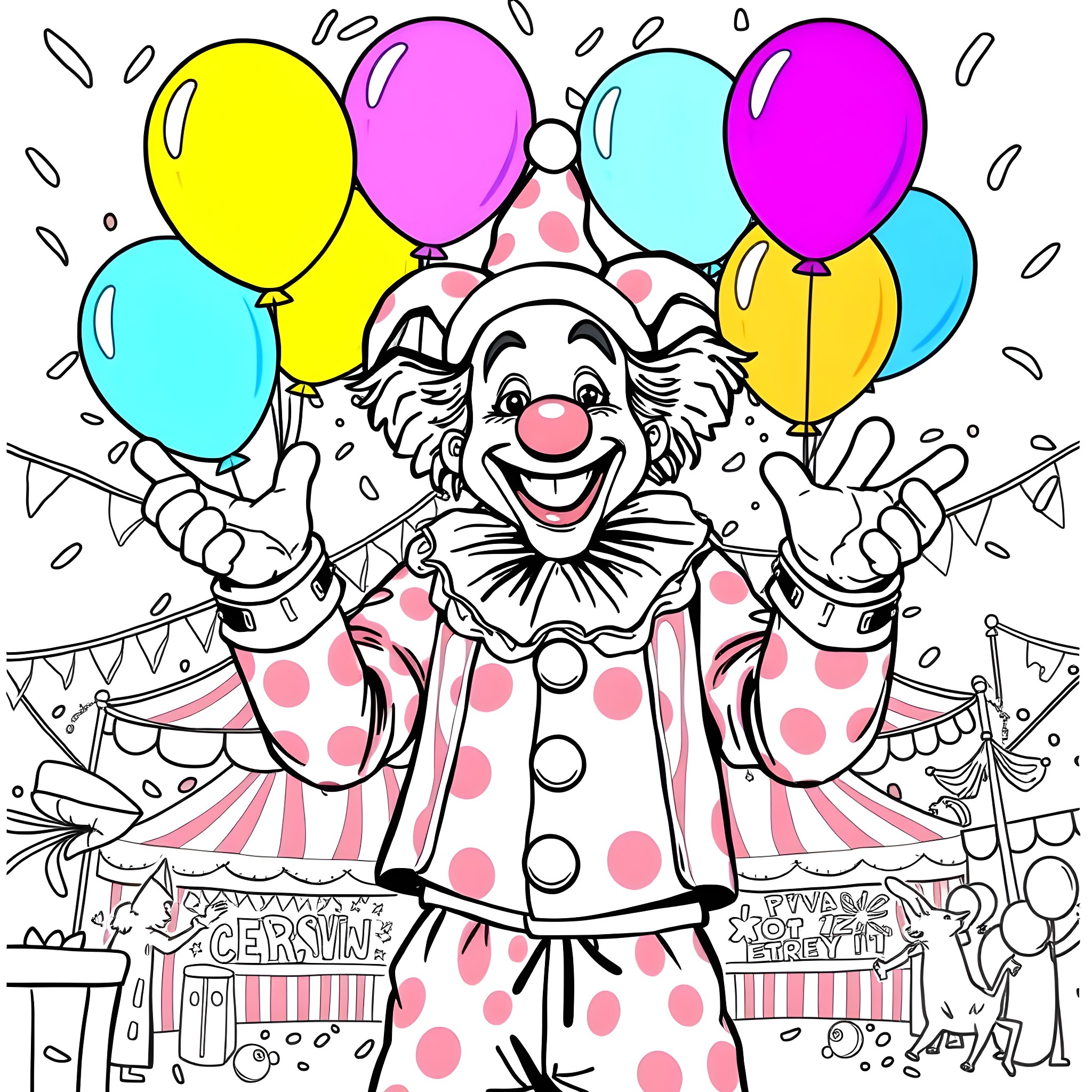 Clown celebrating with colorful balloons Coloring Page (free black-and-white line drawing printable PDF for all, from beginners to advanced learners, including children, teens, adults, and seniors)