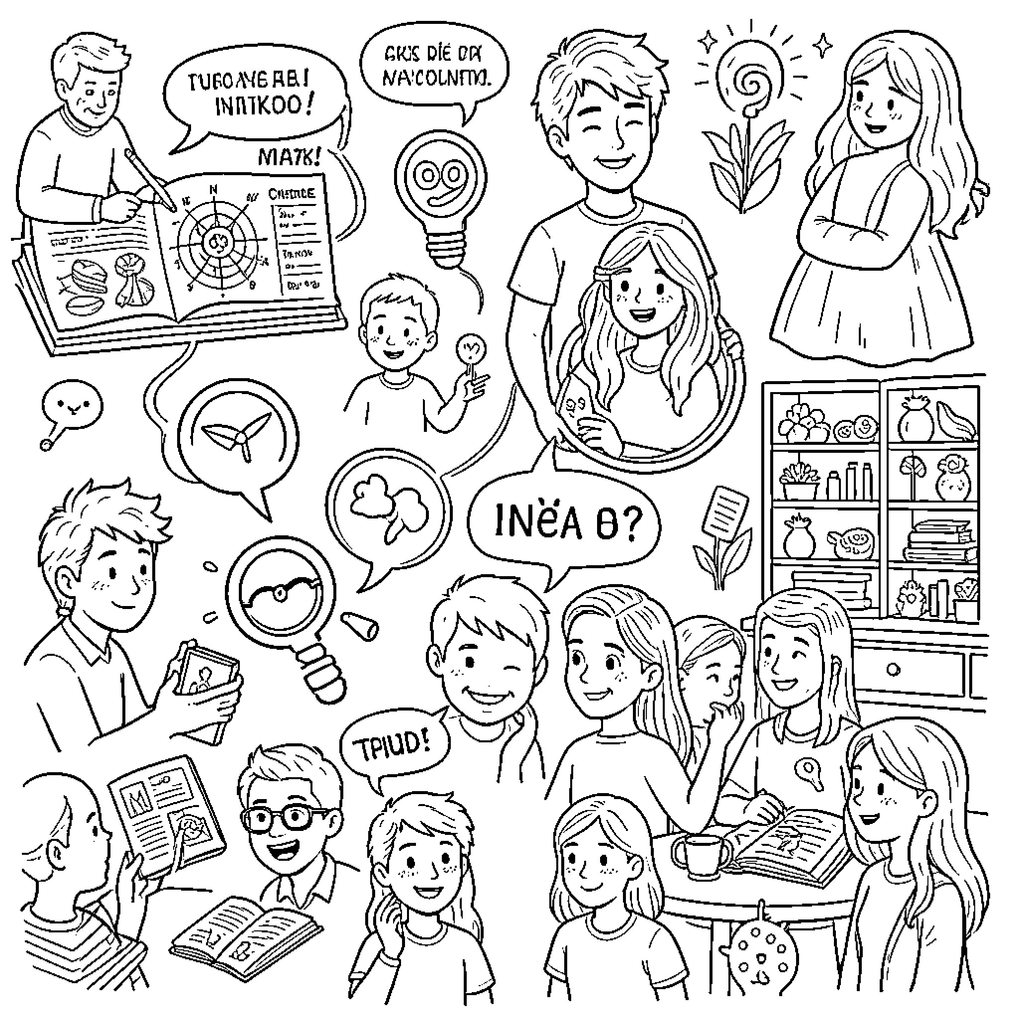 Anything involving children studying and interacting happily together Coloring Page (free black-and-white line drawing printable PDF for all, from beginners to advanced learners, including children, teens, adults, and seniors)