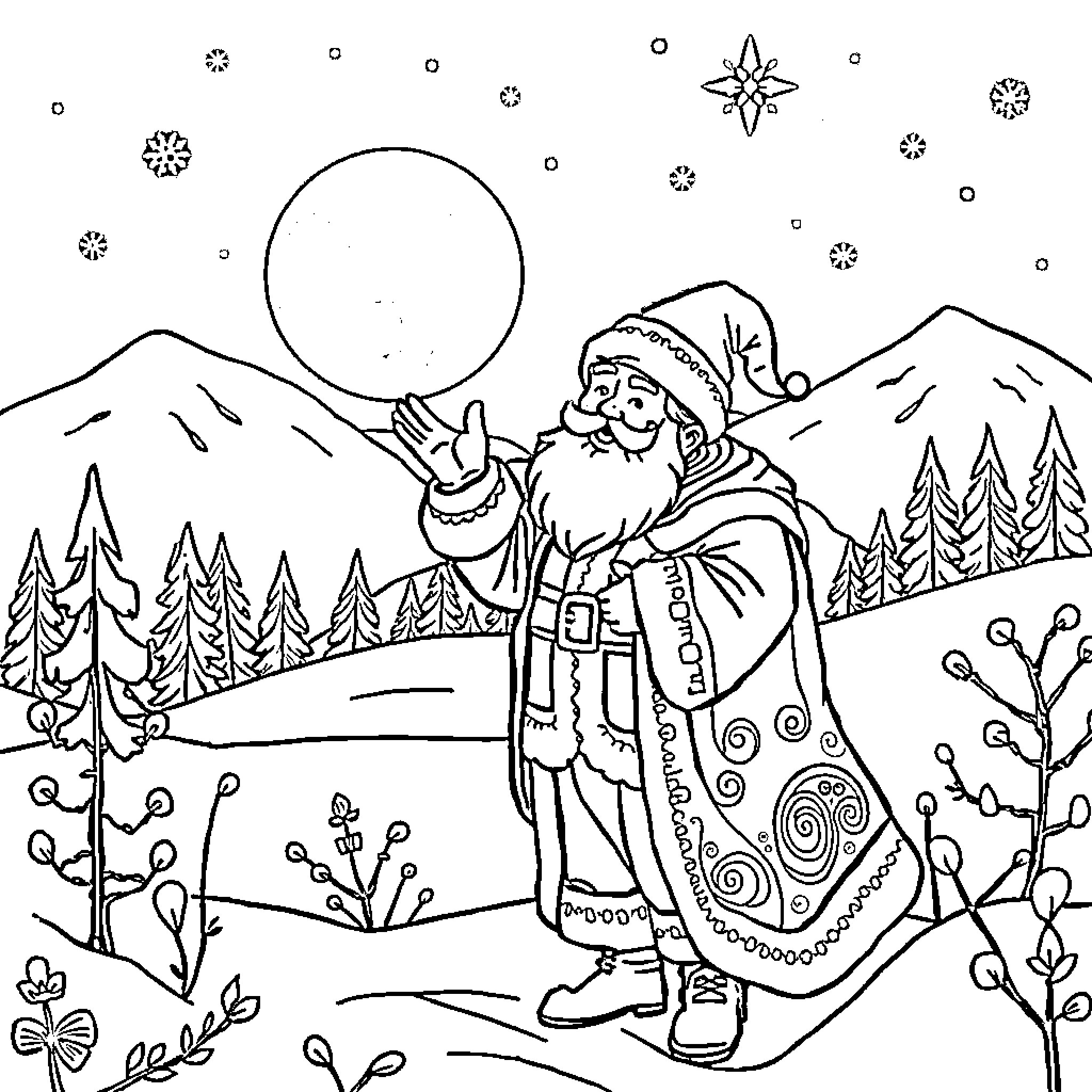Père Noël in the winter wonderland Coloring Page (free black-and-white line drawing printable PDF for all, from beginners to advanced learners, including children, teens, adults, and seniors)