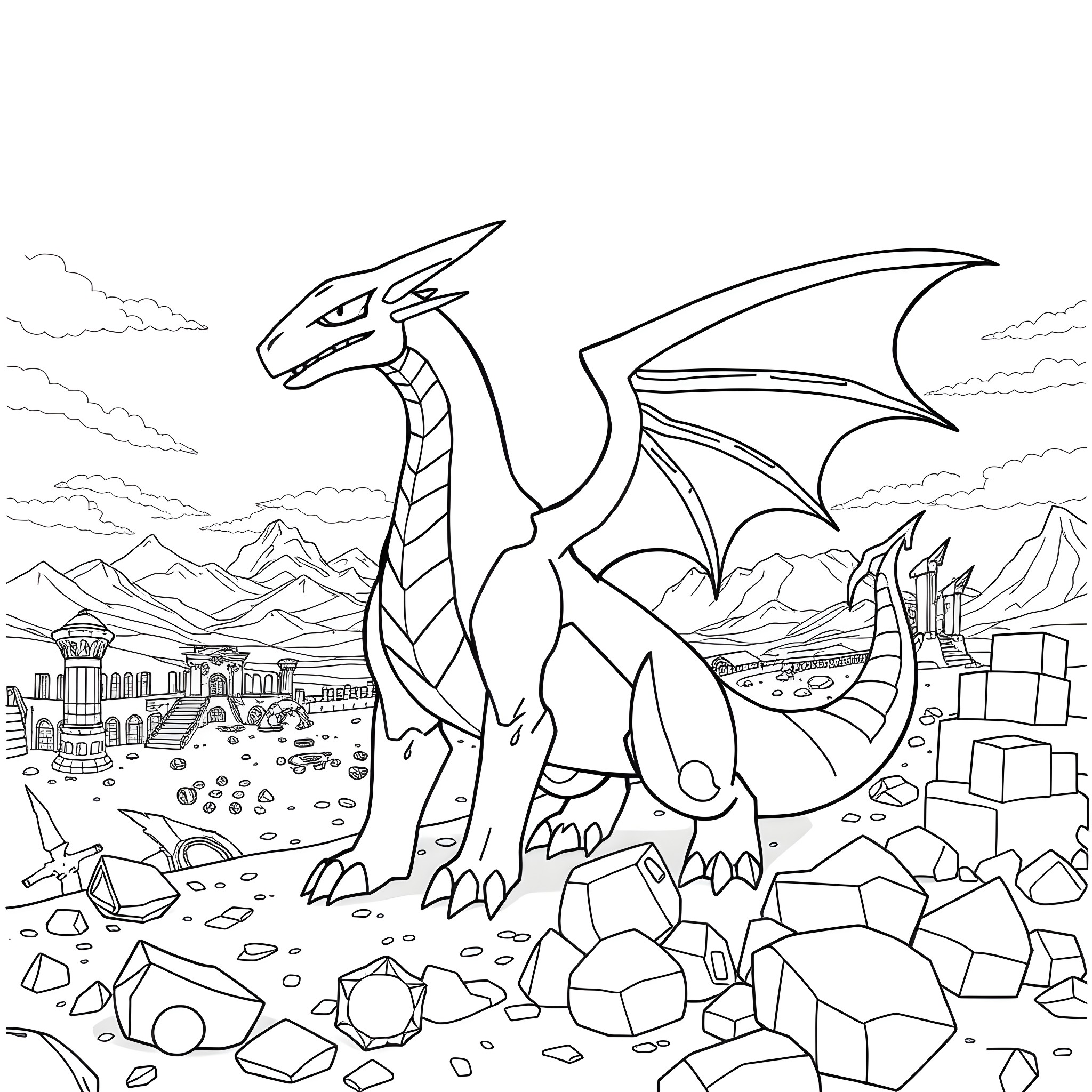 Miraidon in a fantastical landscape Coloring Page (free black-and-white line drawing printable PDF for all, from beginners to advanced learners, including children, teens, adults, and seniors)