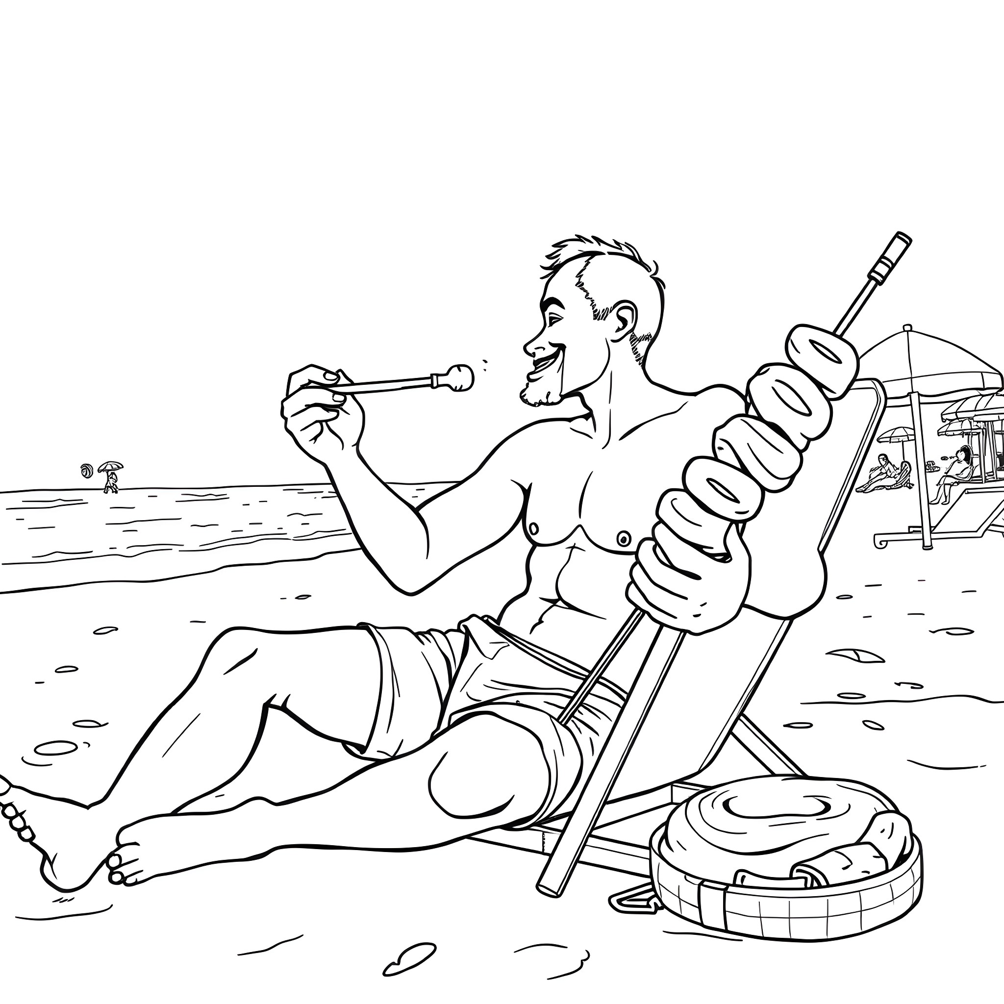 Man relaxing on the beach with a beverage Coloring Page (free black-and-white line drawing printable PDF for all, from beginners to advanced learners, including children, teens, adults, and seniors)
