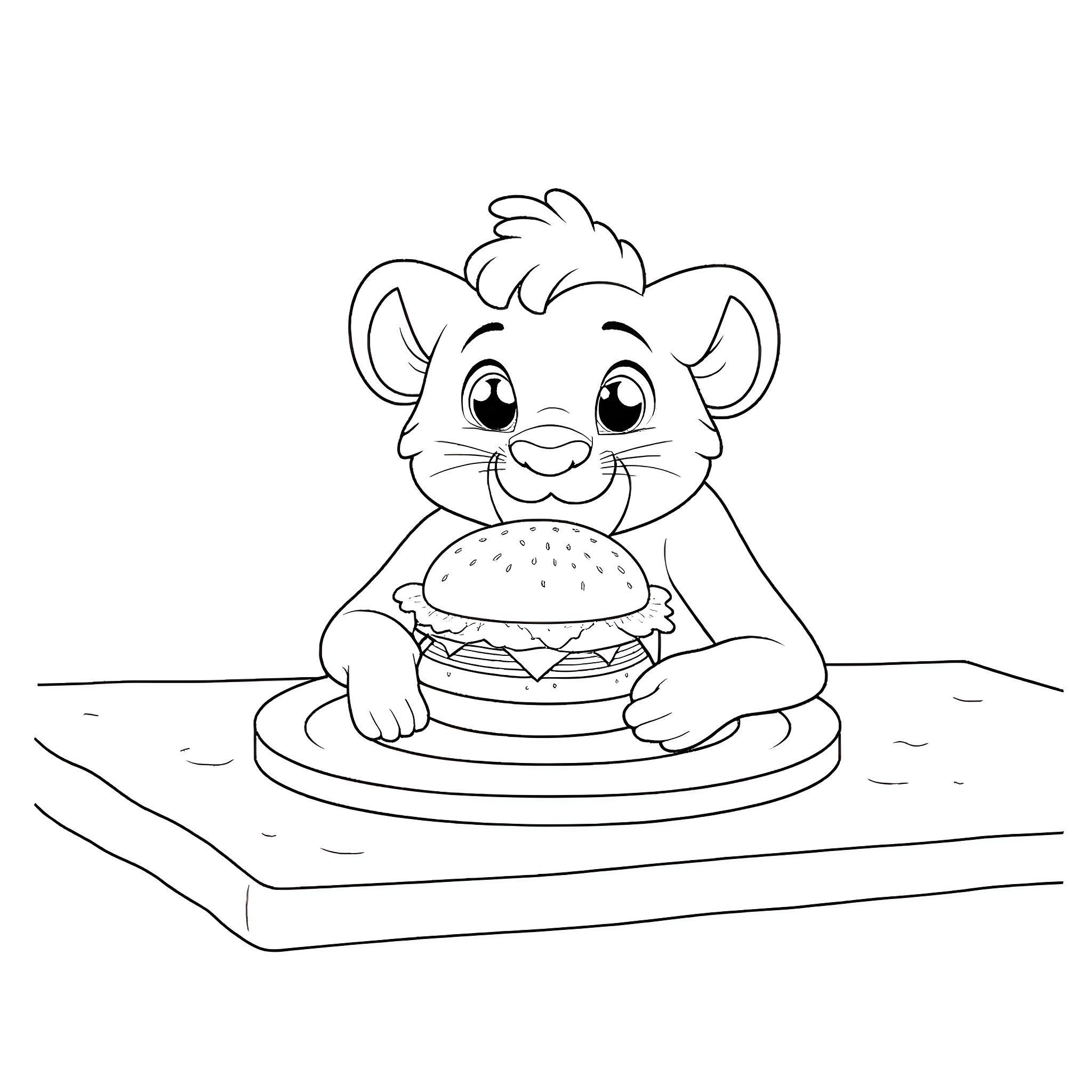 Simba enjoys a delightful burger Coloring Page (free black-and-white line drawing printable PDF for all, from beginners to advanced learners, including children, teens, adults, and seniors)
