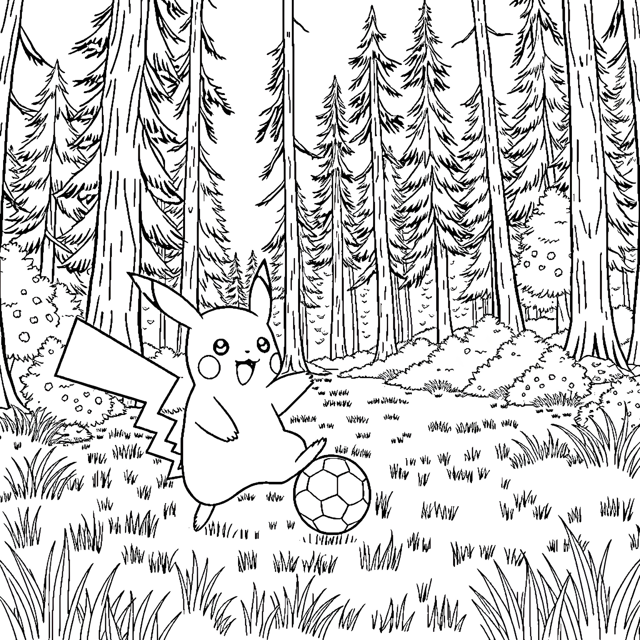 Pikachu playing with a soccer ball in the forest Coloring Page (free black-and-white line drawing printable PDF for all, from beginners to advanced learners, including children, teens, adults, and seniors)