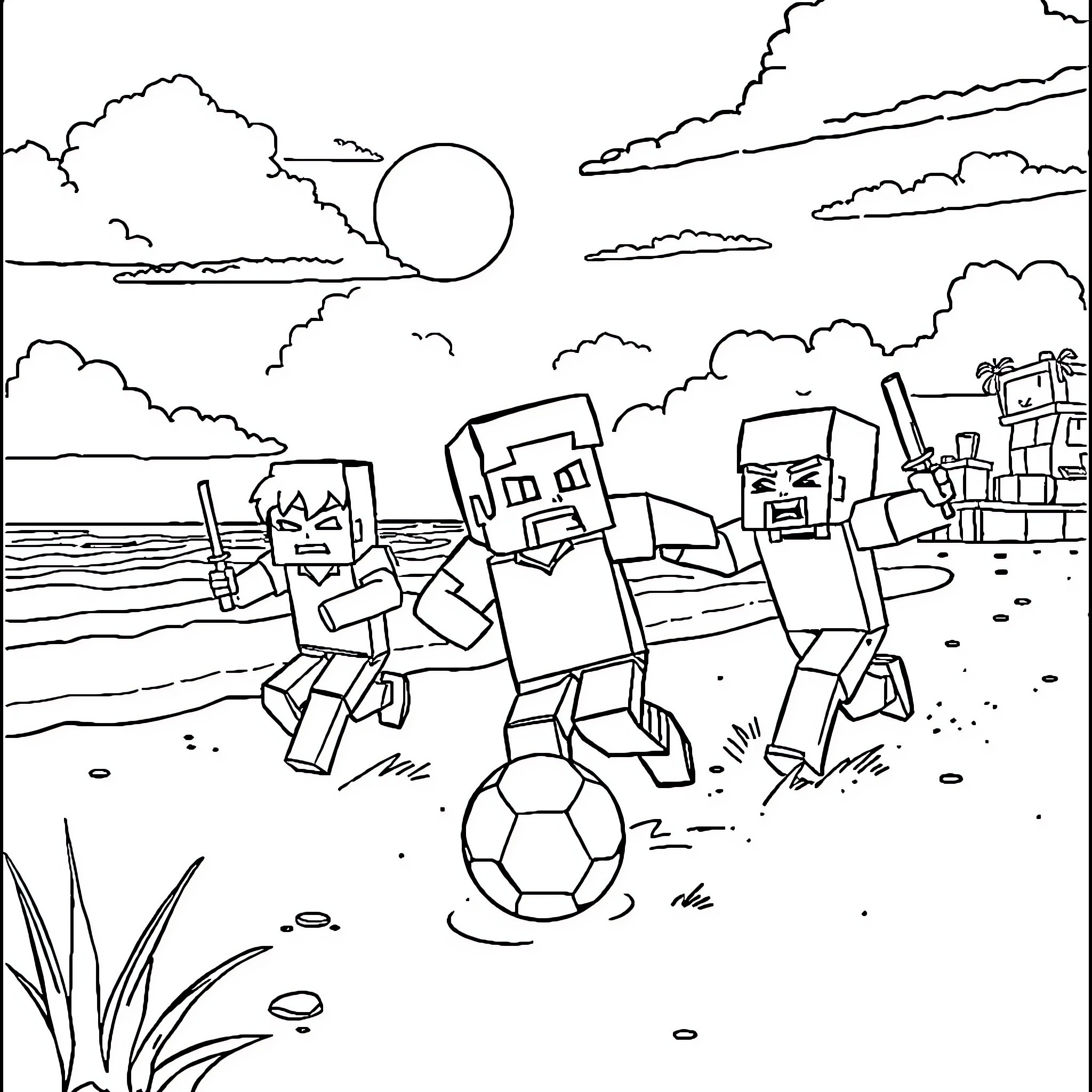 Minecraft Characters Playing Soccer on the Beach Coloring Page (free black-and-white line drawing printable PDF for all, from beginners to advanced learners, including children, teens, adults, and seniors)