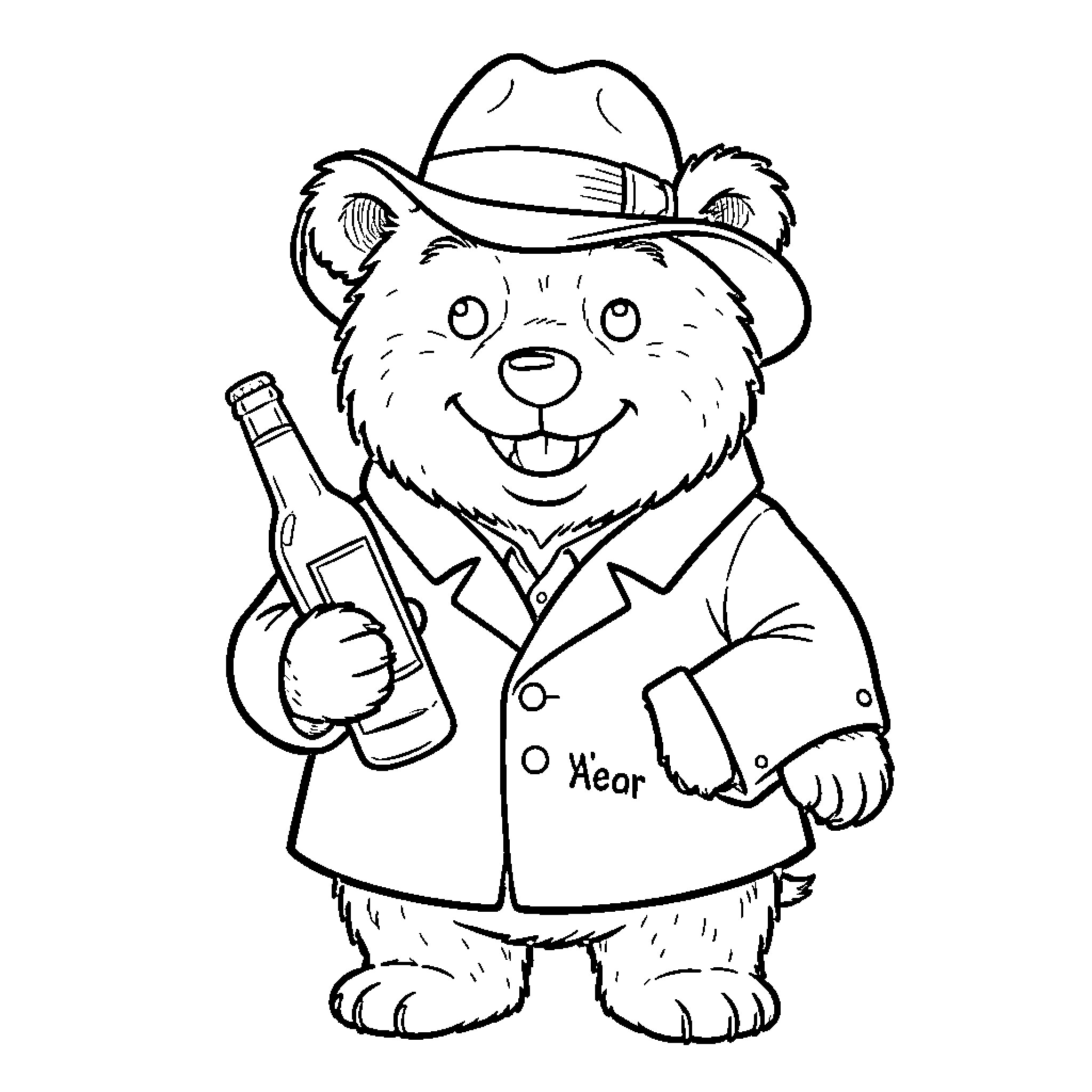 Paddington Bear wearing a hat and holding a bottle Coloring Page (free black-and-white line drawing printable PDF for all, from beginners to advanced learners, including children, teens, adults, and seniors)