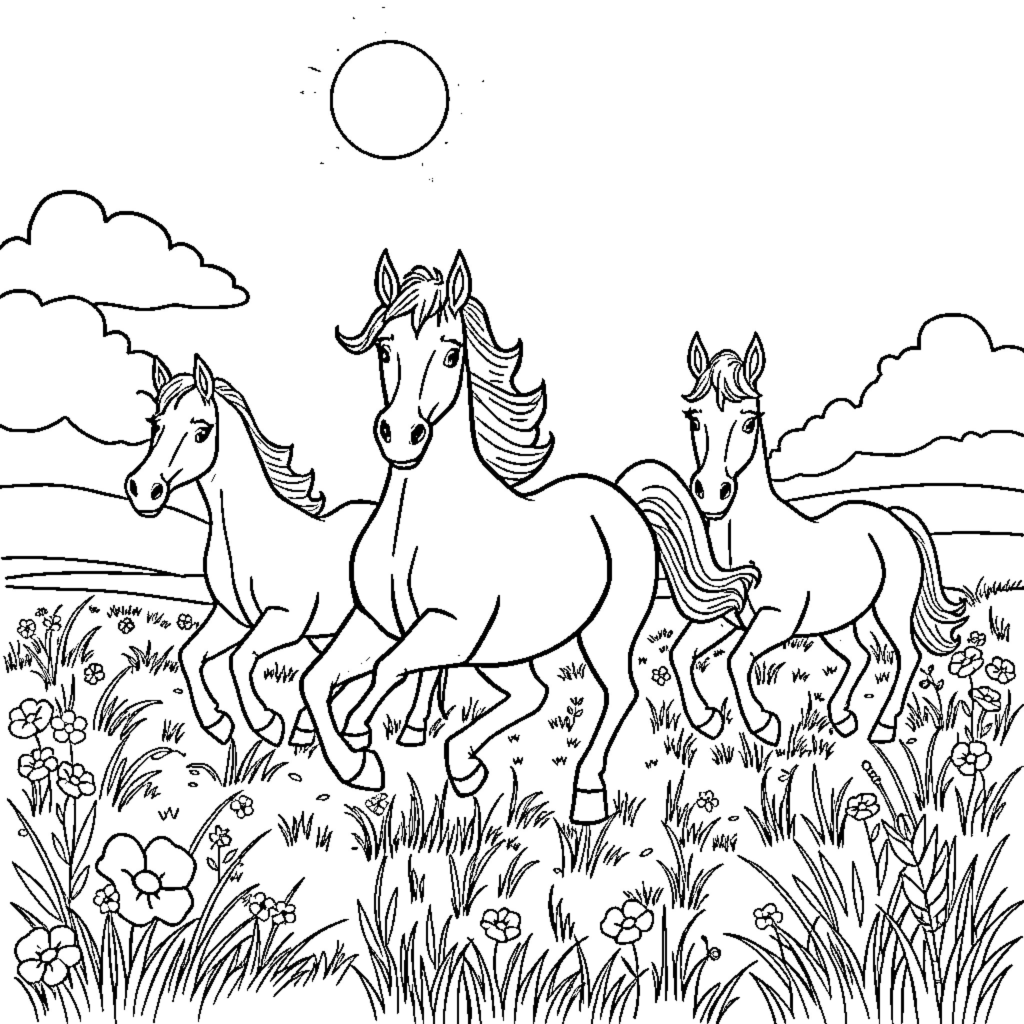 Horse Herd Running Freely in a Lush Meadow Coloring Page (free black-and-white line drawing printable PDF for all, from beginners to advanced learners, including children, teens, adults, and seniors)