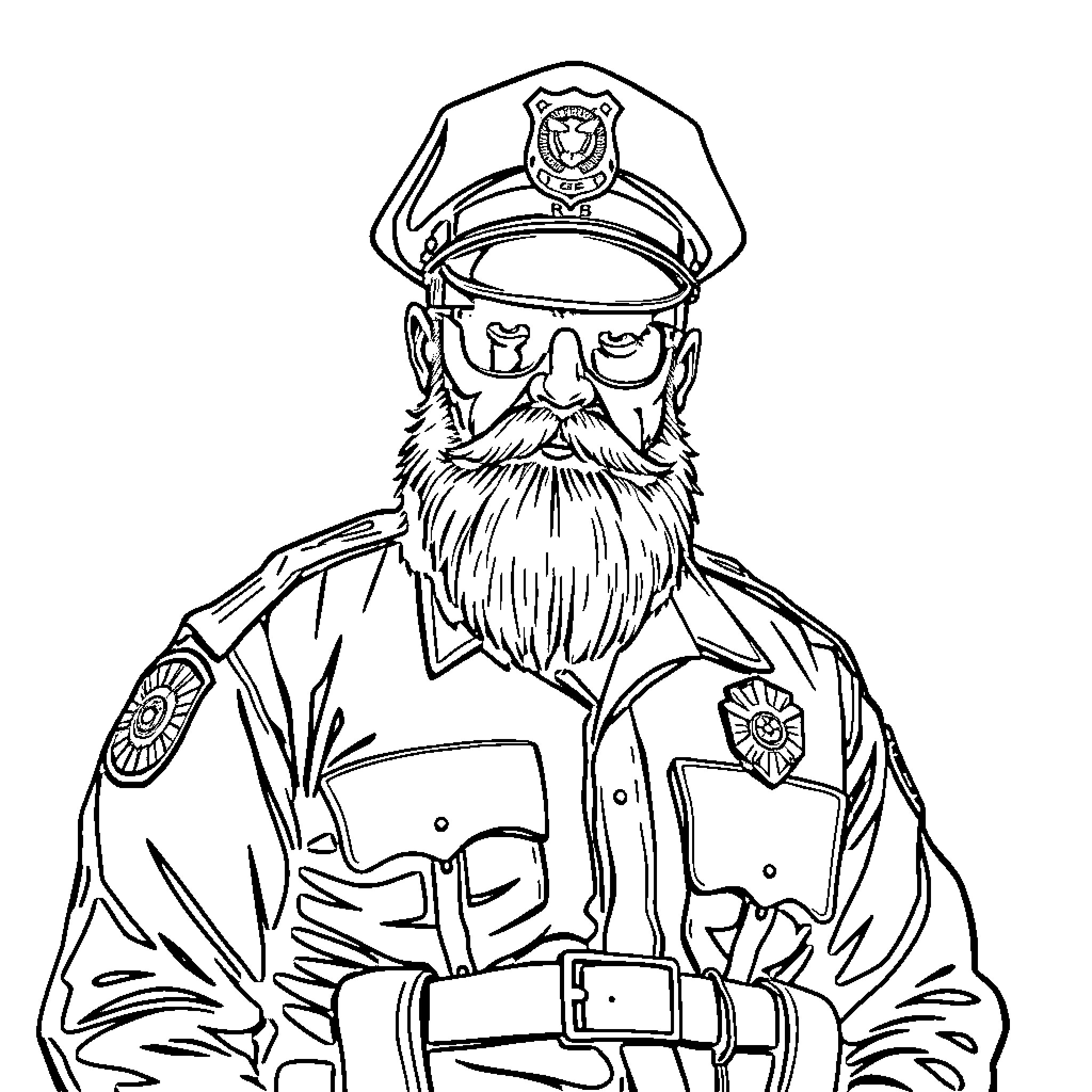 Officer with Serious Expression in Uniform and Sunglasses Coloring Page (free black-and-white line drawing printable PDF for all, from beginners to advanced learners, including children, teens, adults, and seniors)