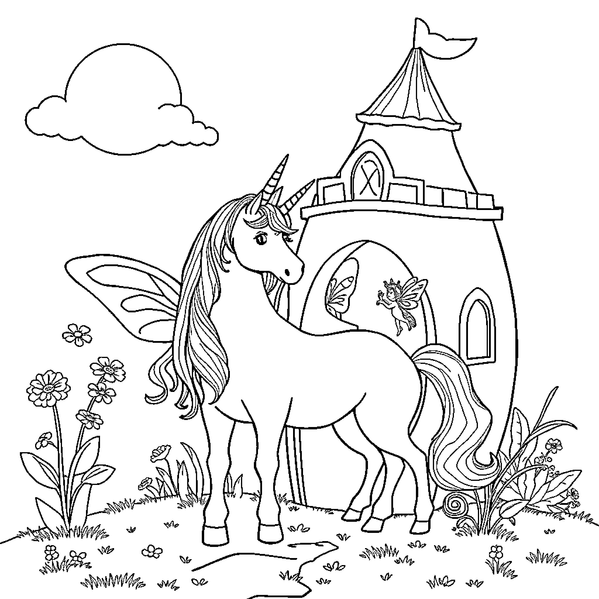 Unicorn standing before a magical castle Coloring Page (free black-and-white line drawing printable PDF for all, from beginners to advanced learners, including children, teens, adults, and seniors)