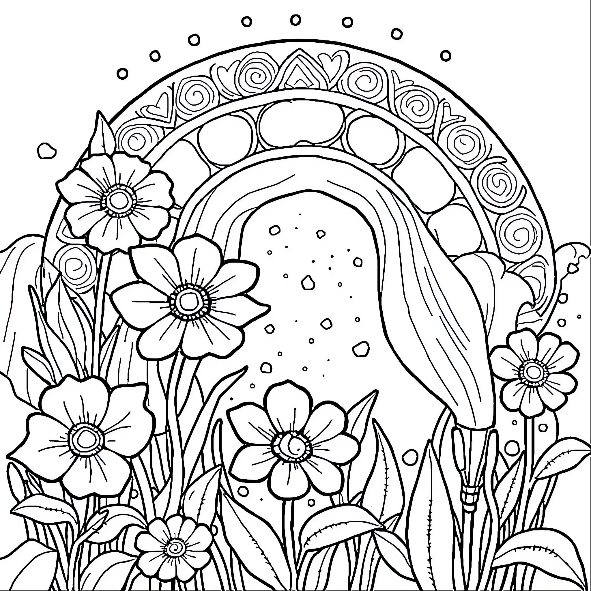 Coffee and Flowers in a Whimsical Garden Coloring Page (free black-and-white line drawing printable PDF for all, from beginners to advanced learners, including children, teens, adults, and seniors)