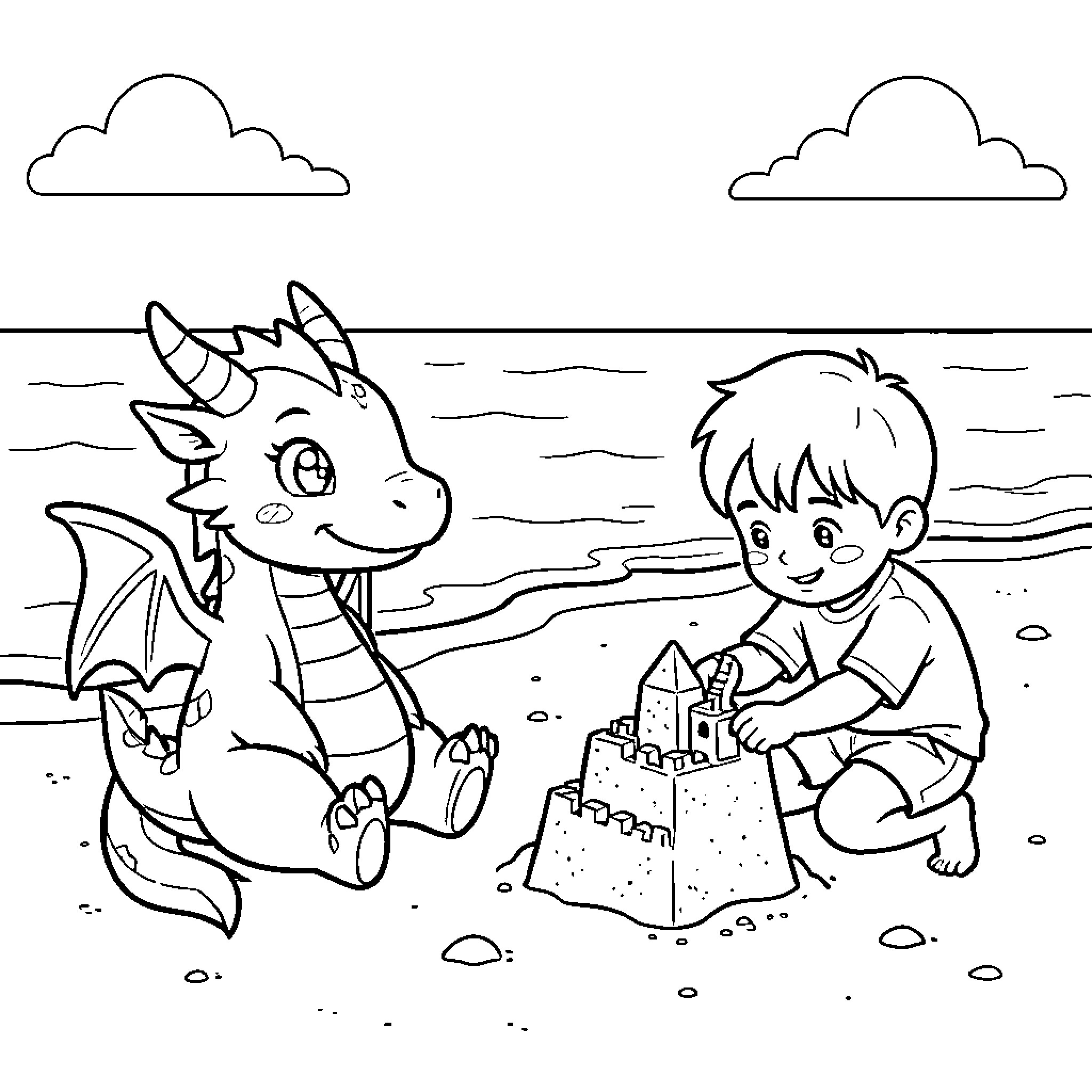 Dragon watching a young boy build a sandcastle Coloring Page (free black-and-white line drawing printable PDF for all, from beginners to advanced learners, including children, teens, adults, and seniors)
