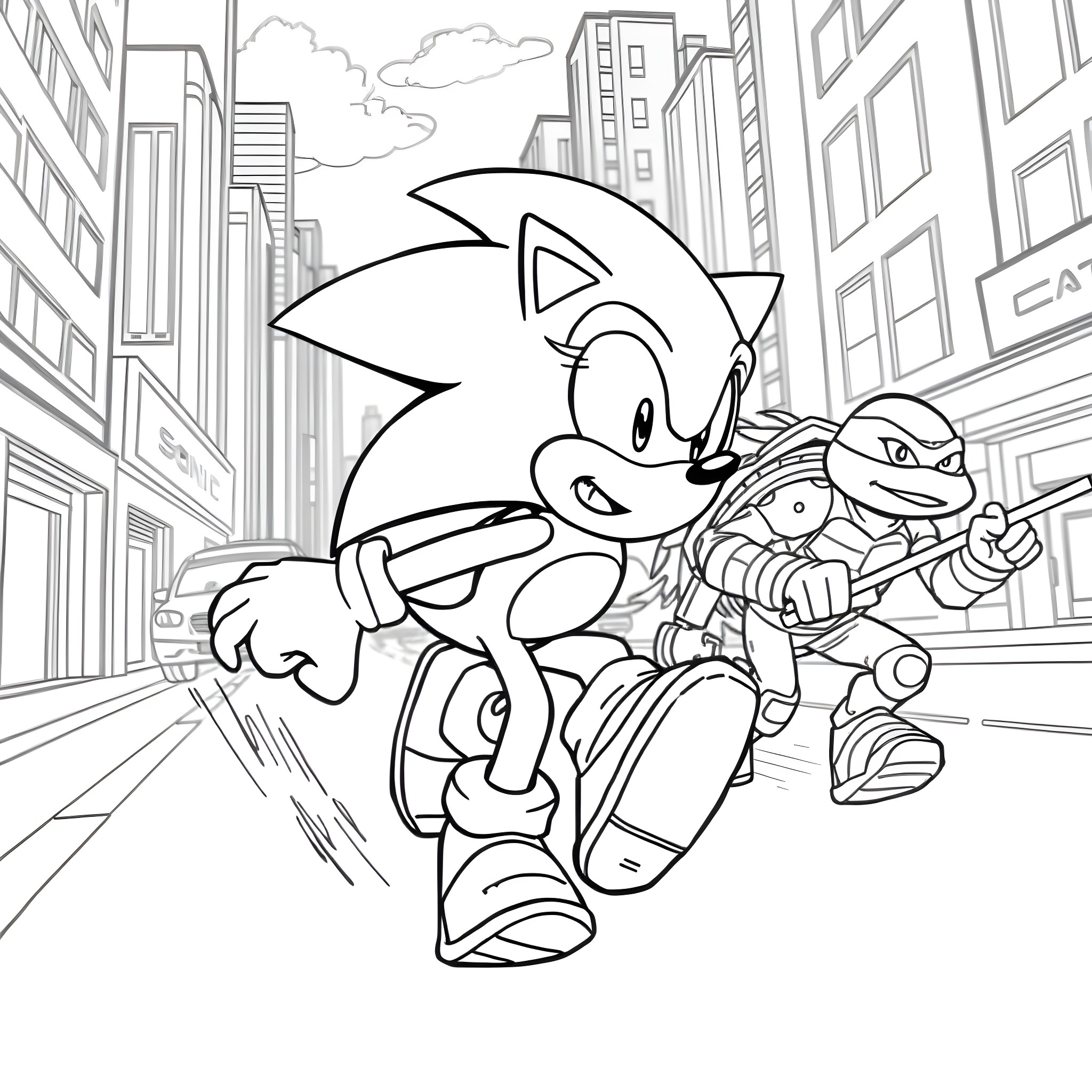 Sonic the Hedgehog racing through the city Coloring Page (free black-and-white line drawing printable PDF for all, from beginners to advanced learners, including children, teens, adults, and seniors)